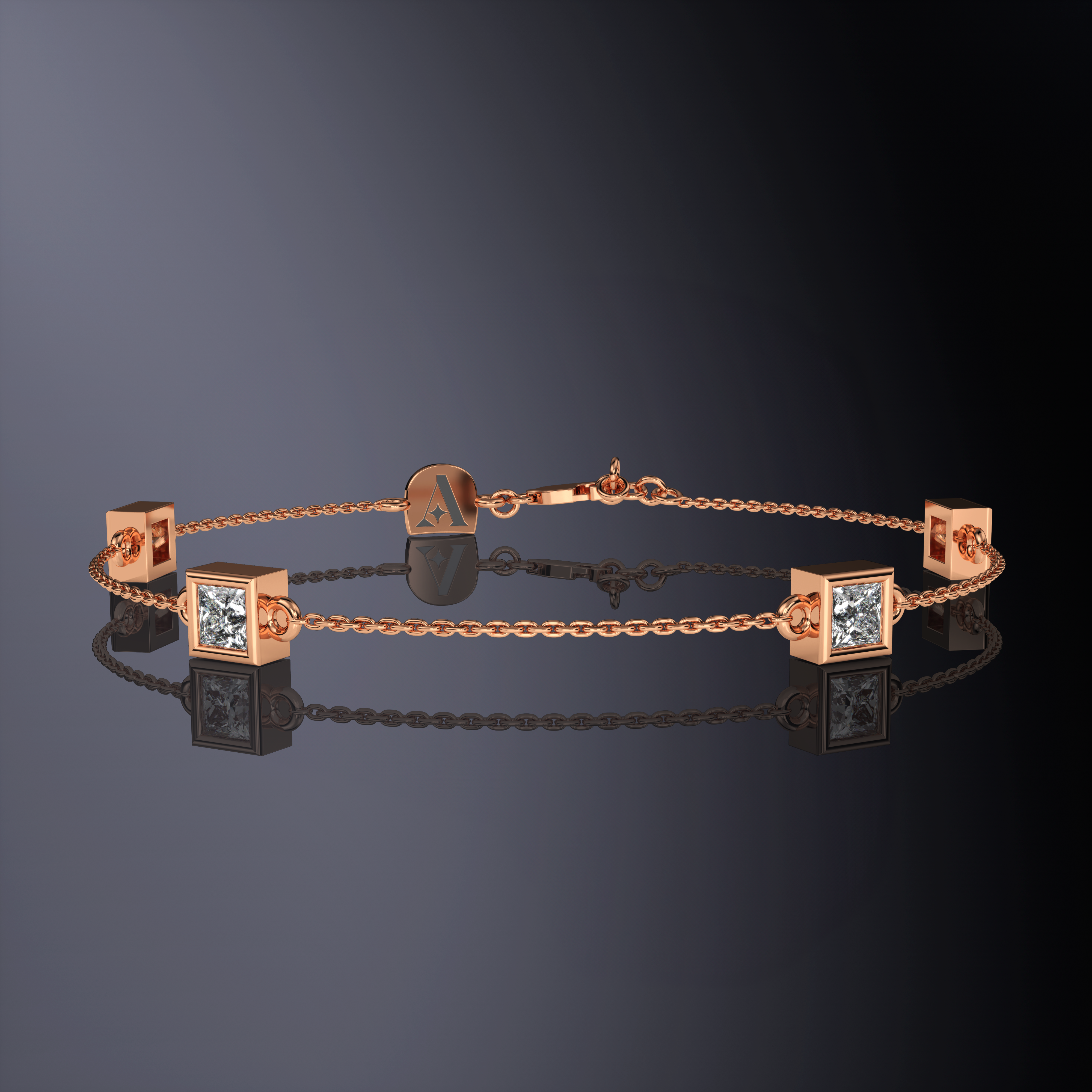 Bracelet chaîne quatre pierres taille princesse or blanc
