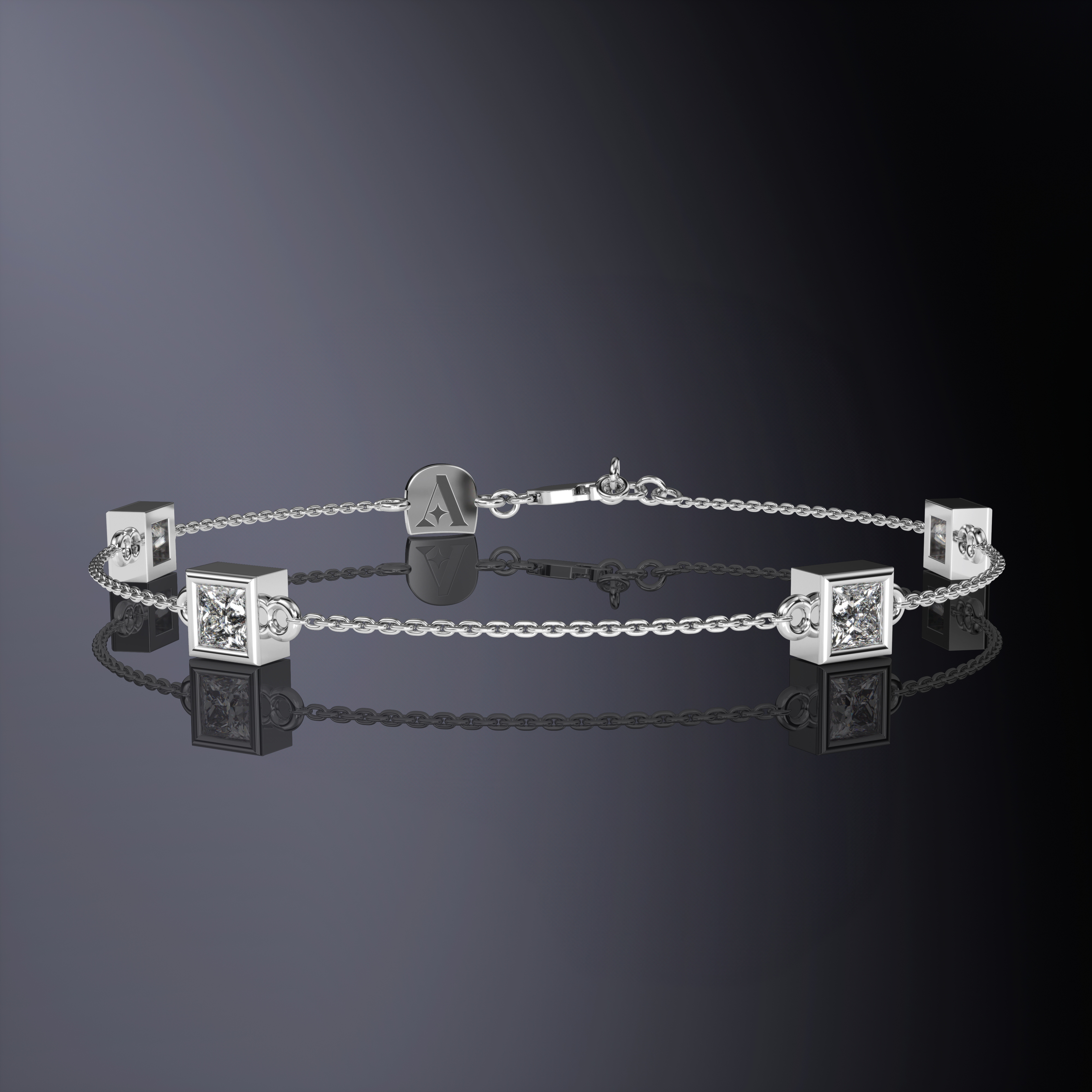 Bracelet chaîne quatre pierres taille princesse or blanc