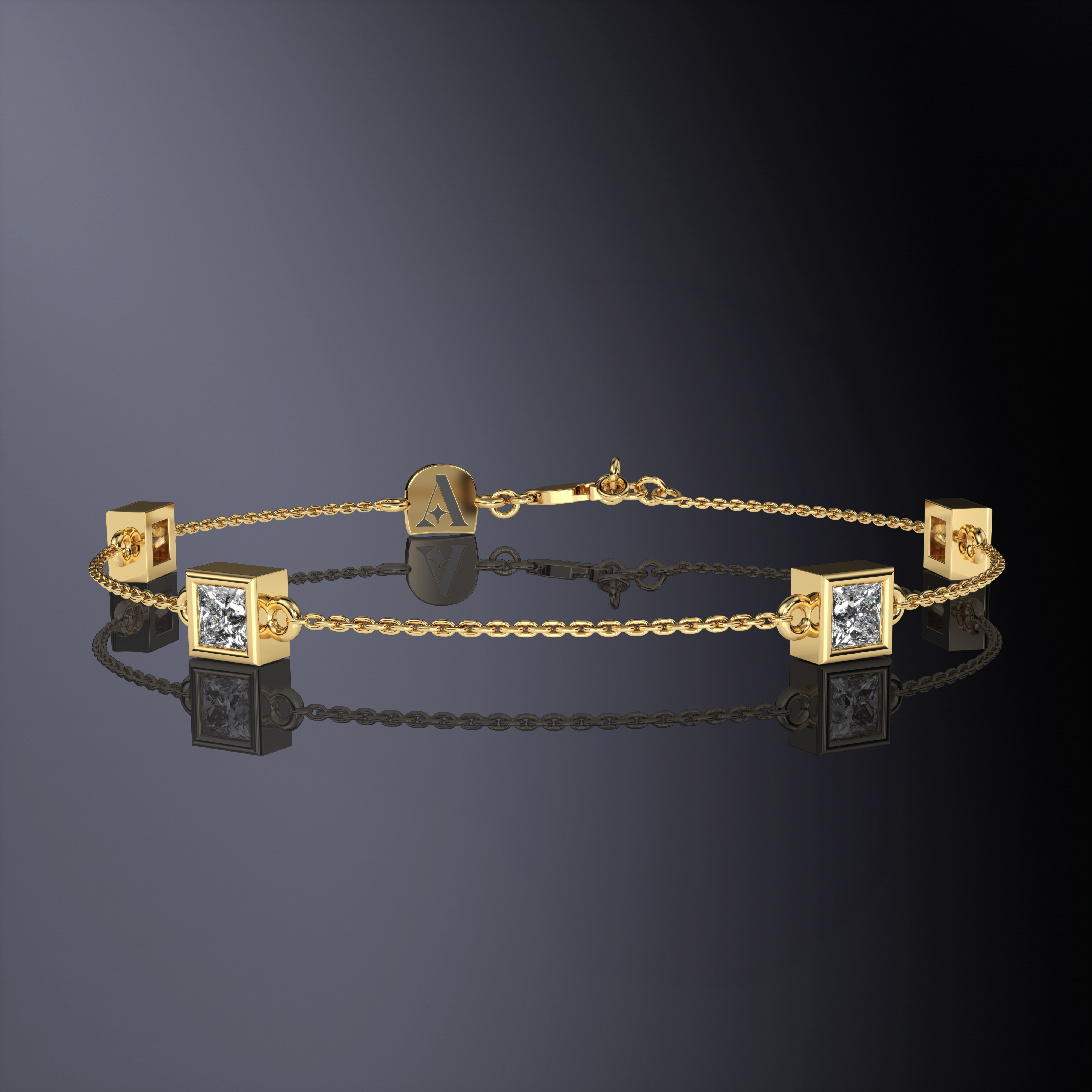 Bracelet chaîne quatre pierres taille princesse or blanc