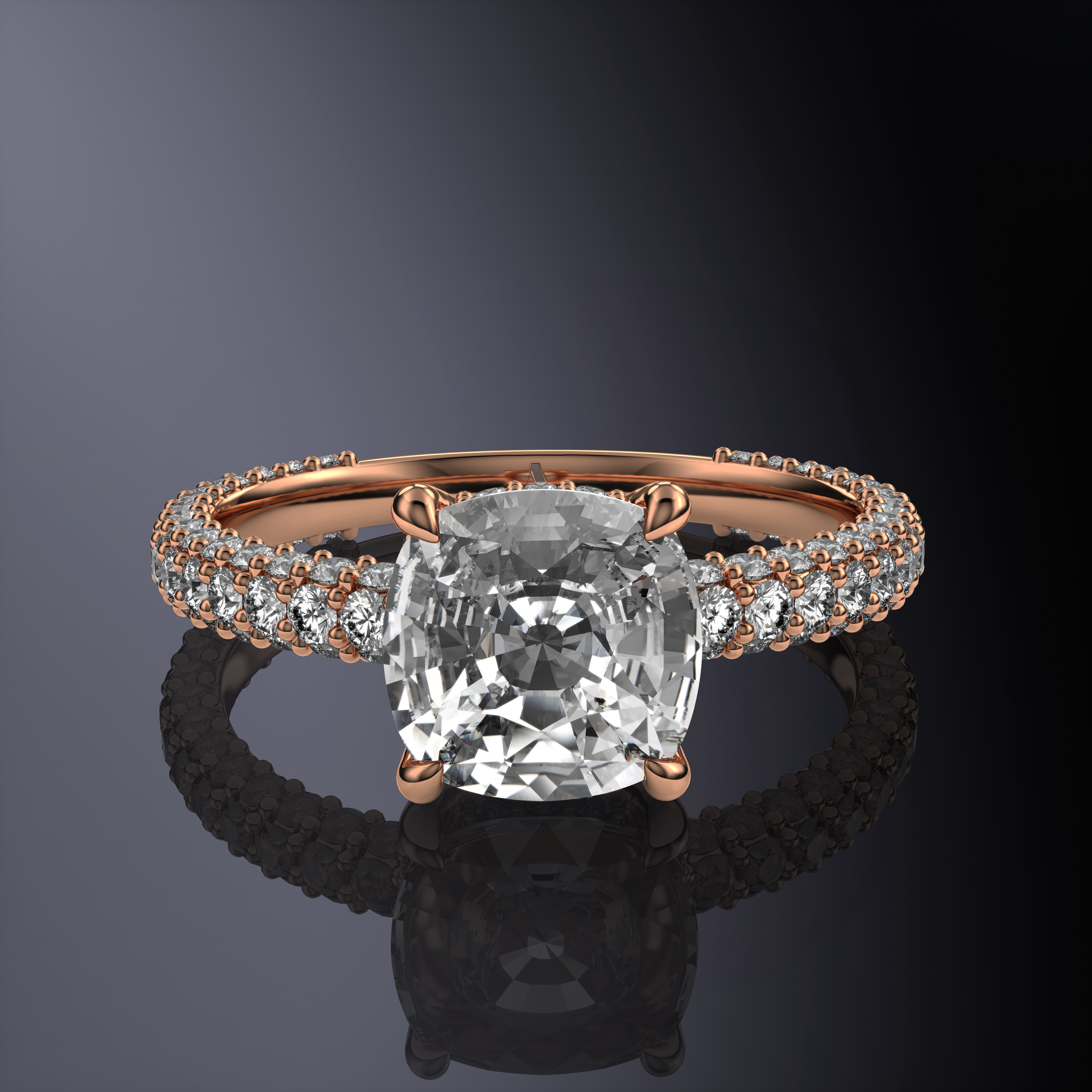 Cushion hidden halo 3 row pave shank Yellow