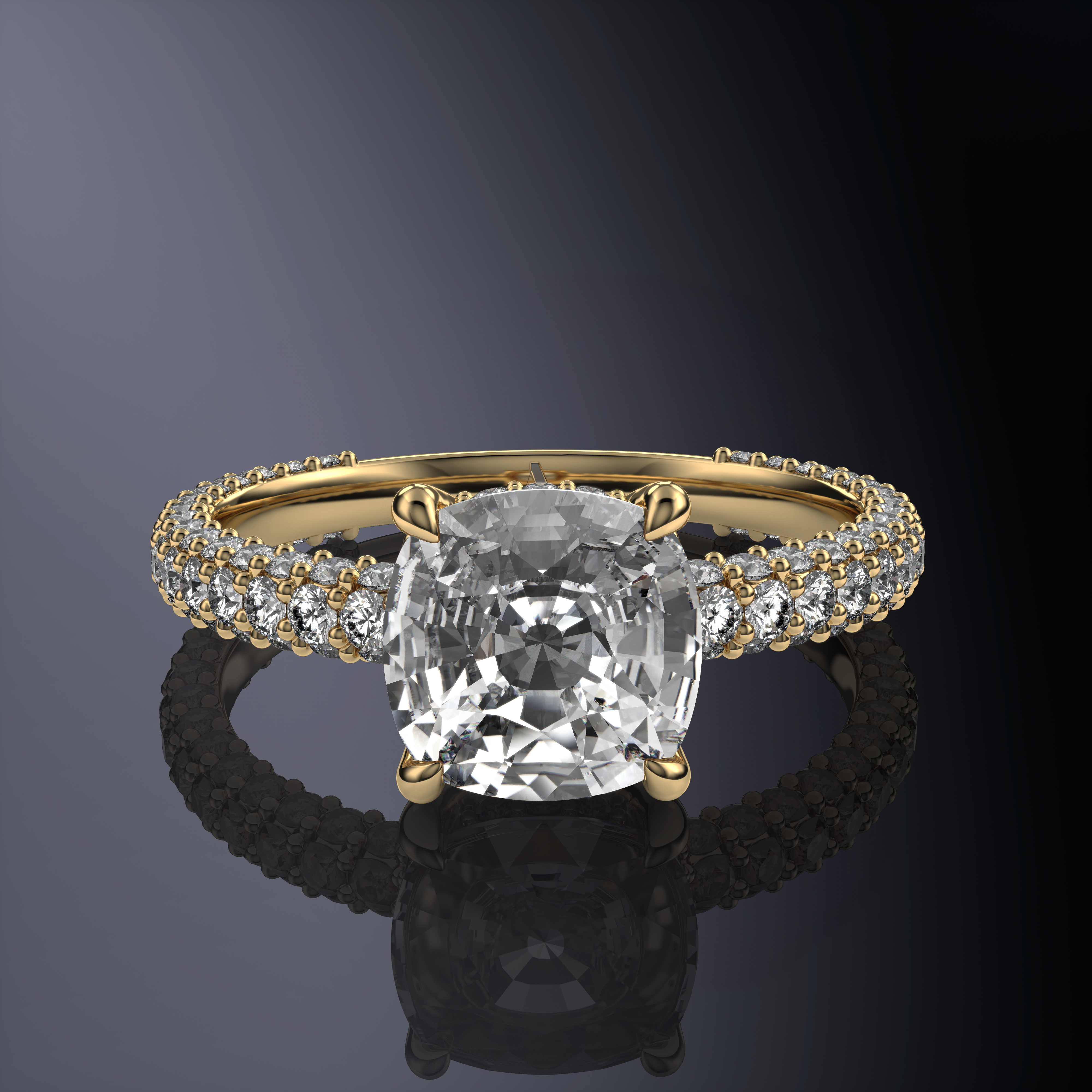 Cushion Solitaire Engagement Yellow Ring with Hidden Halo and 3 Row Shank