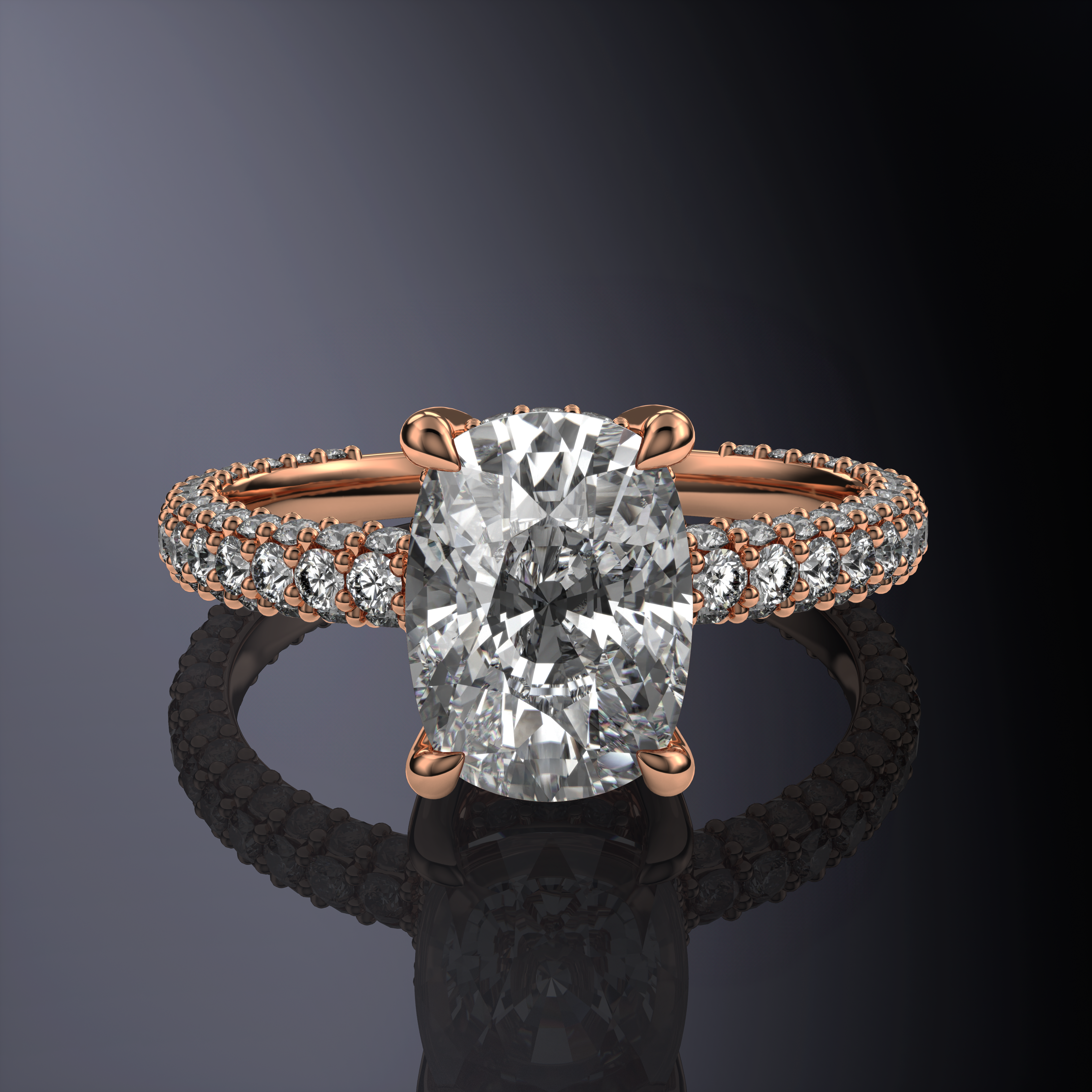 Elongated Cushion Solitaire Yellow Engagement Ring with Hidden Halo and 3 Row Shank