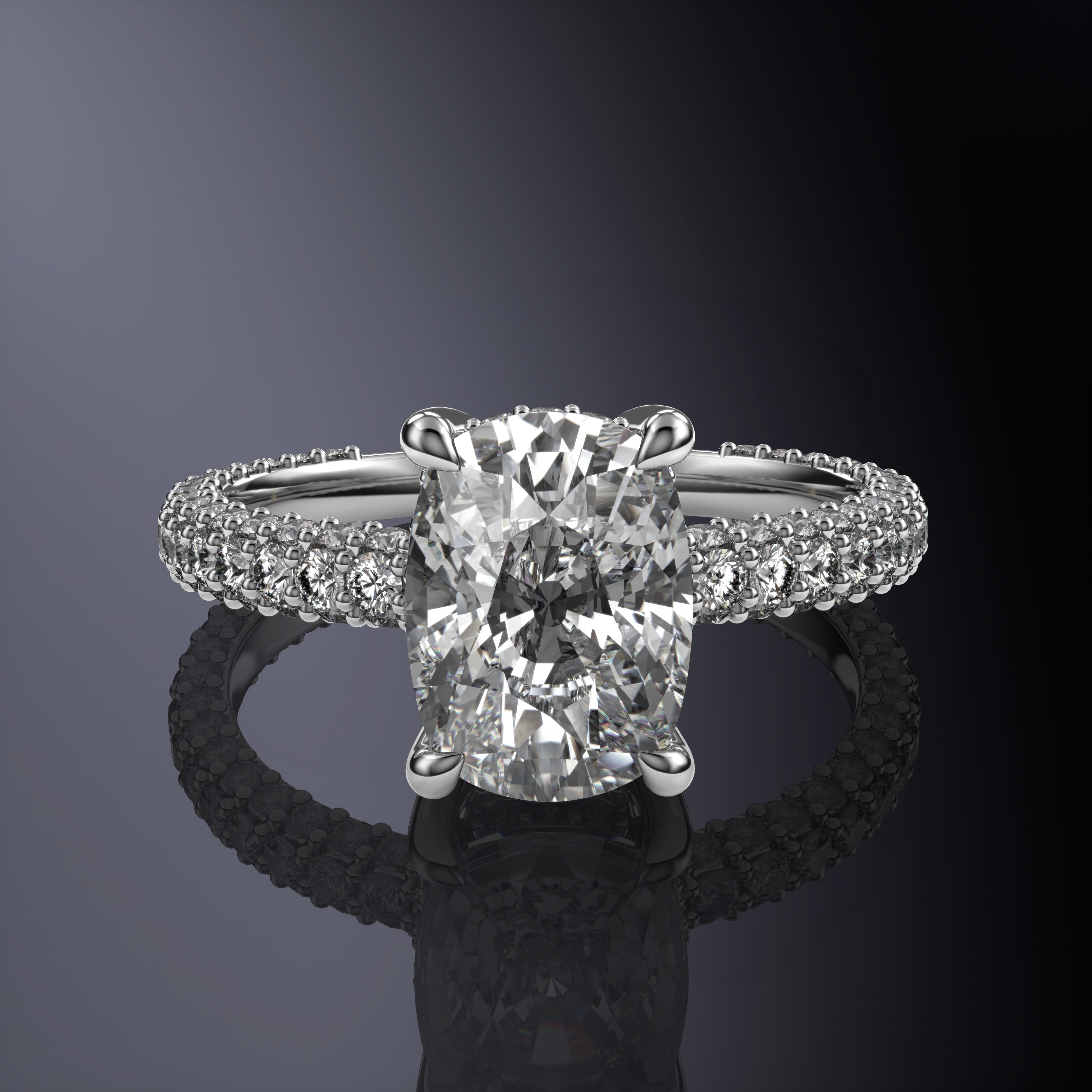Elongated Cushion Solitaire Yellow Engagement Ring with Hidden Halo and 3 Row Shank