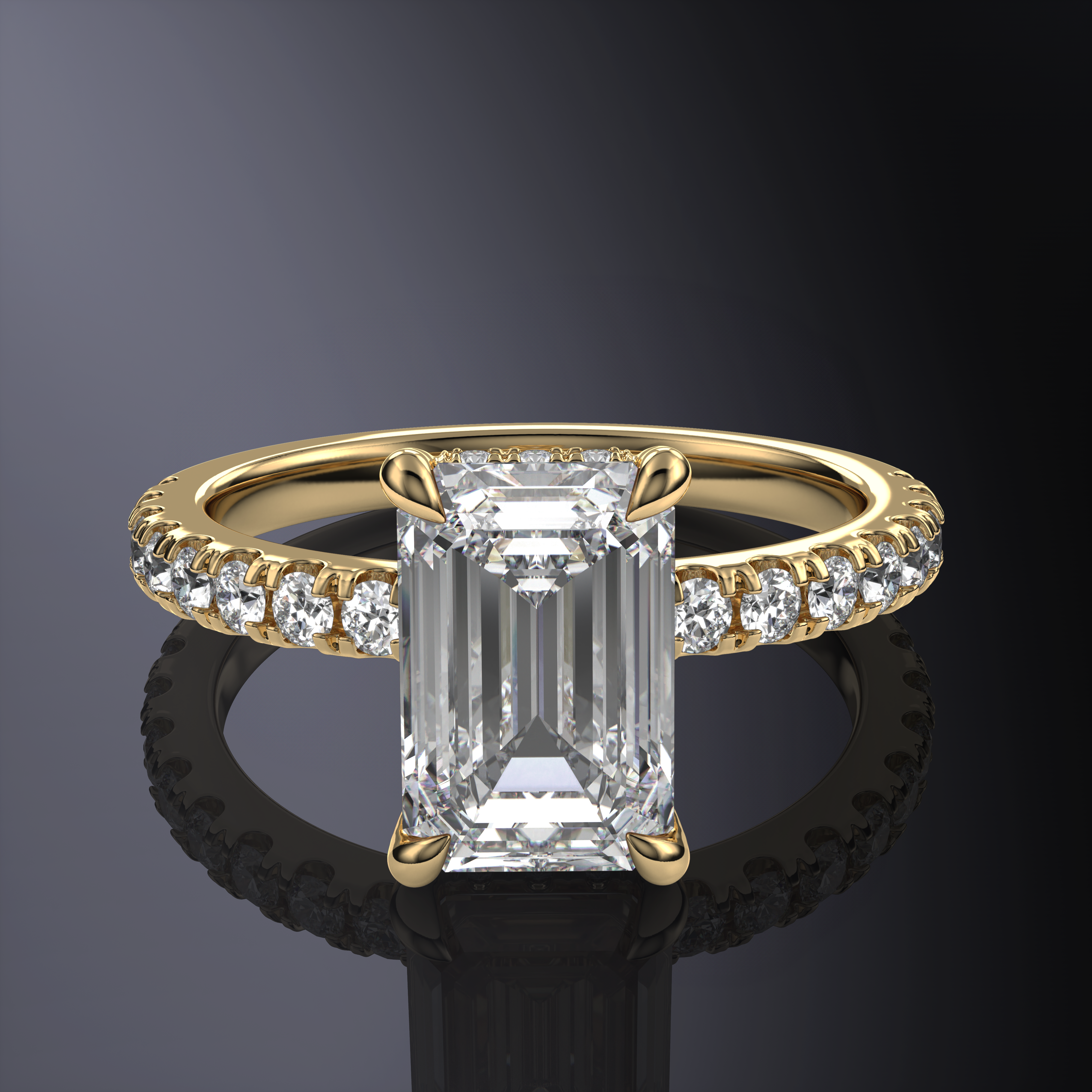 Emerald Hidden Halo Yellow Ring with Pavé Band
