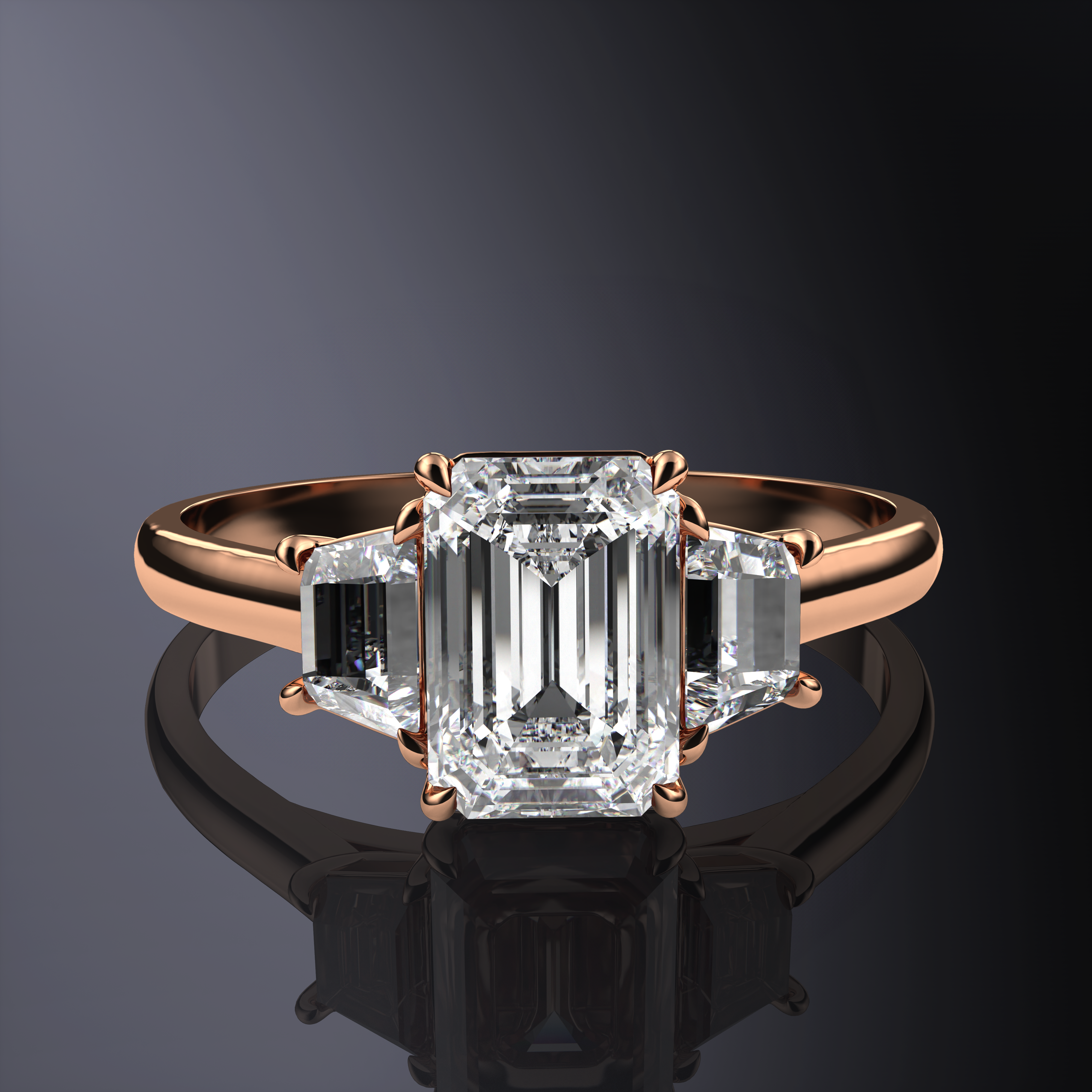 Emerald White Ring with side Brilliant Trapezoids