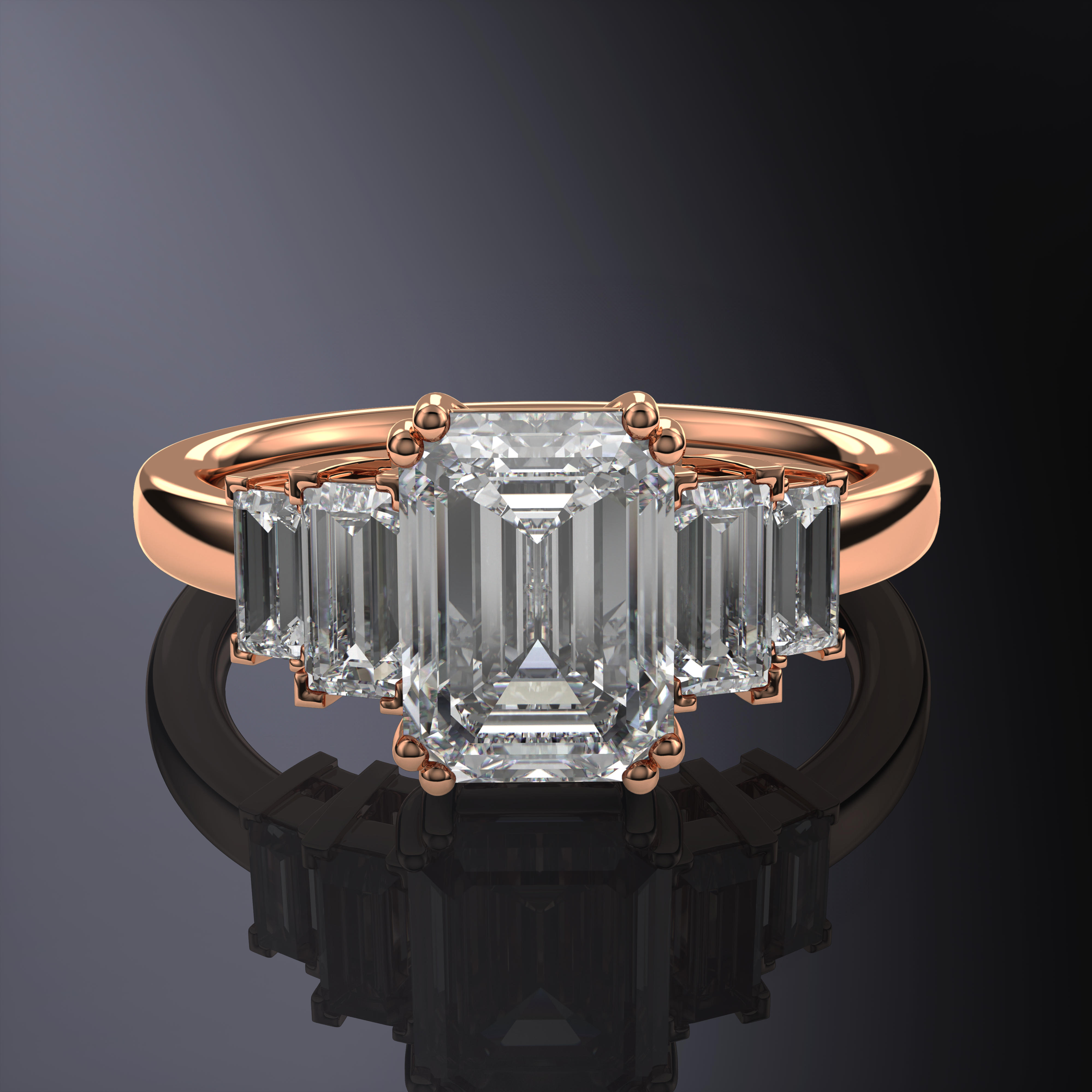 Emerald White Ring with side straight Baguettes