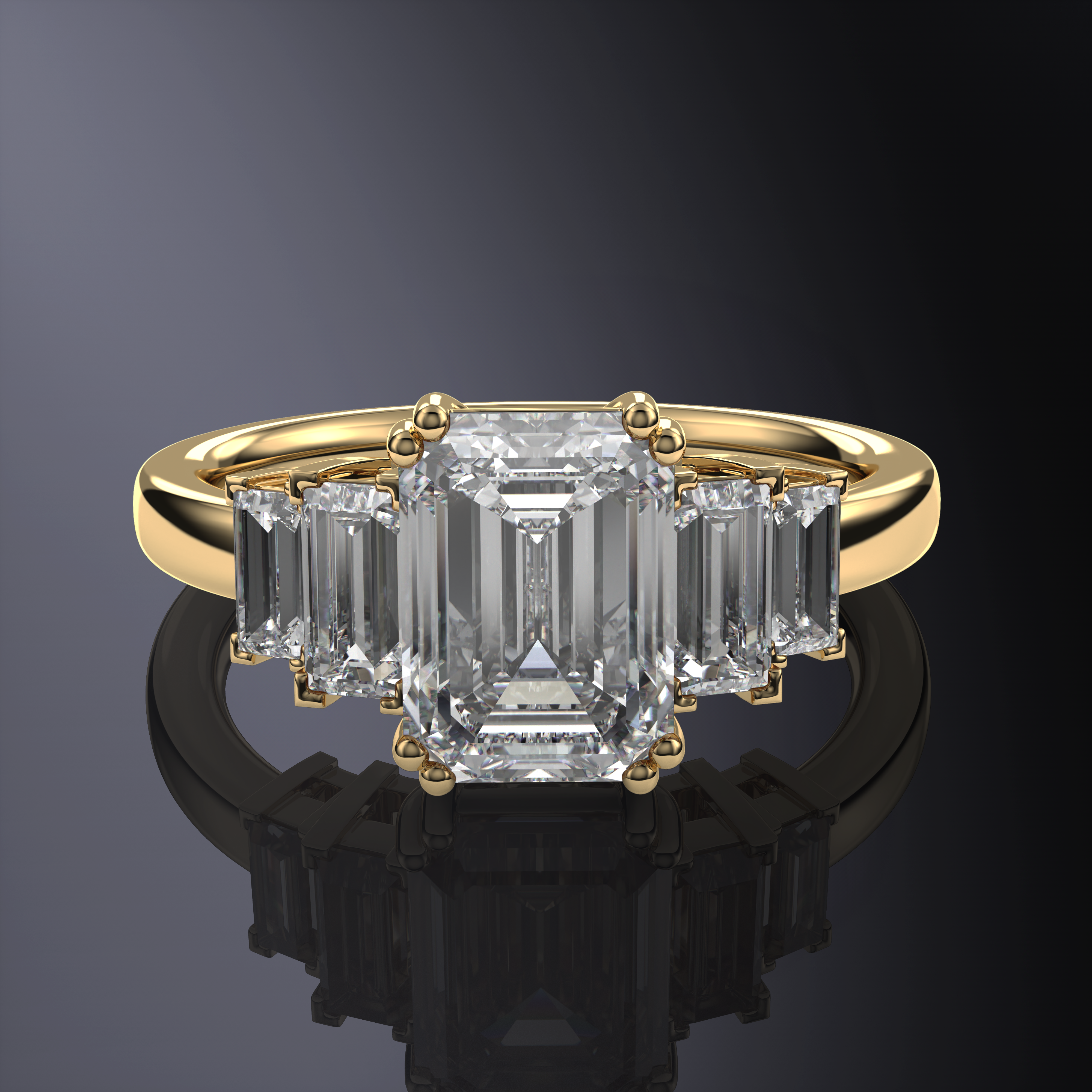 Emerald White Ring with side straight Baguettes