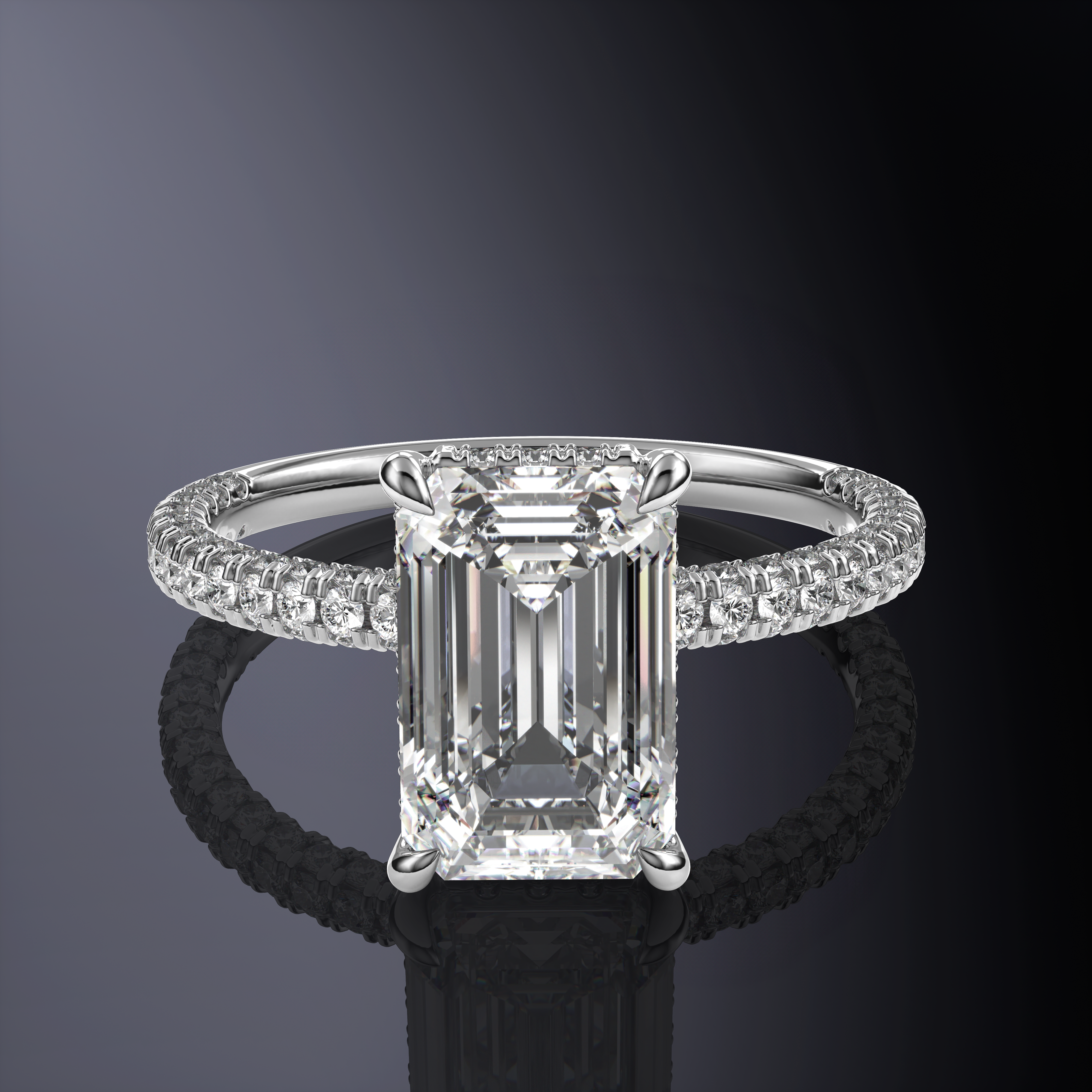 Emerald hidden halo 3 row pave shank yellow