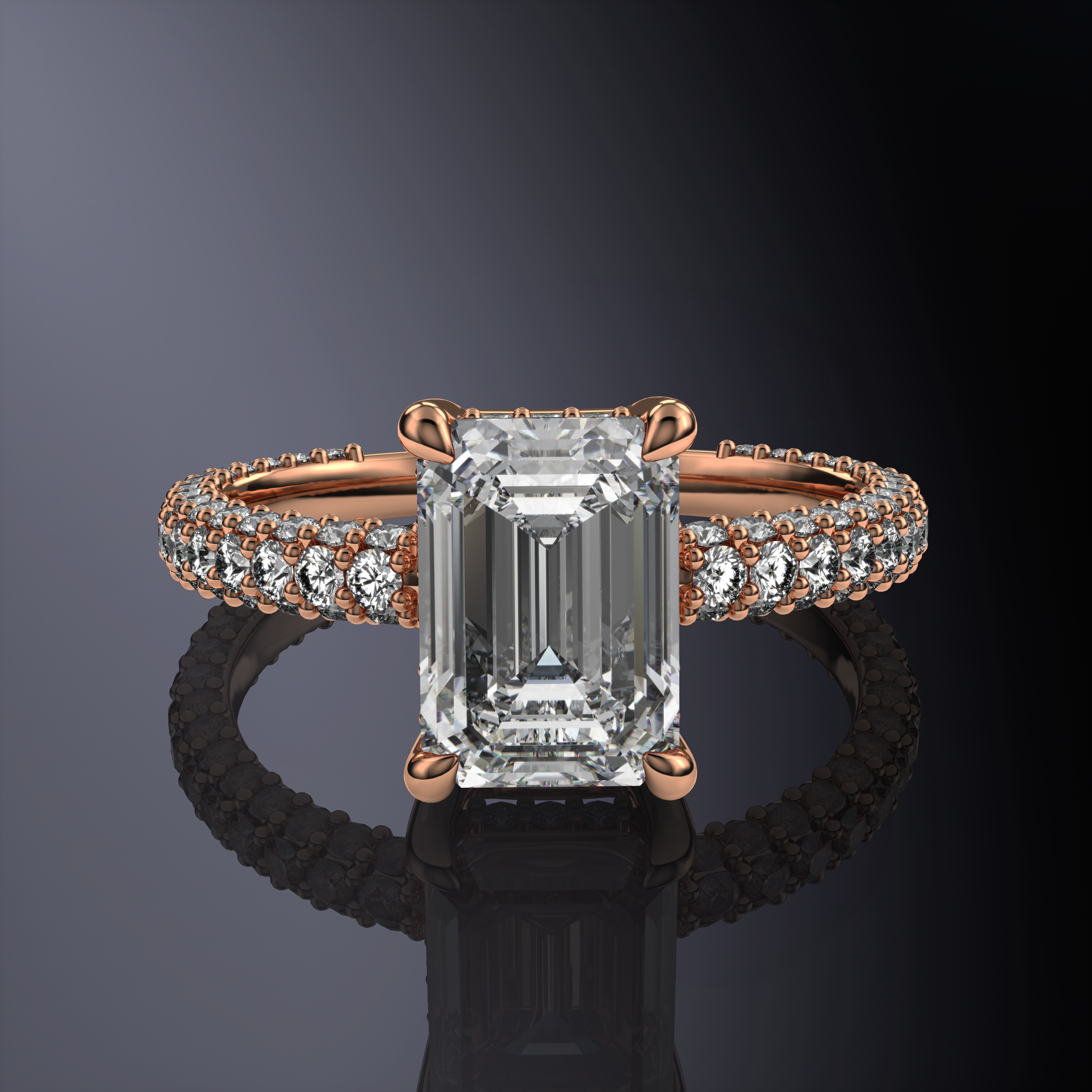 Emerald Solitaire Yellow Engagement Ring with Hidden Halo and 3 Row Shank