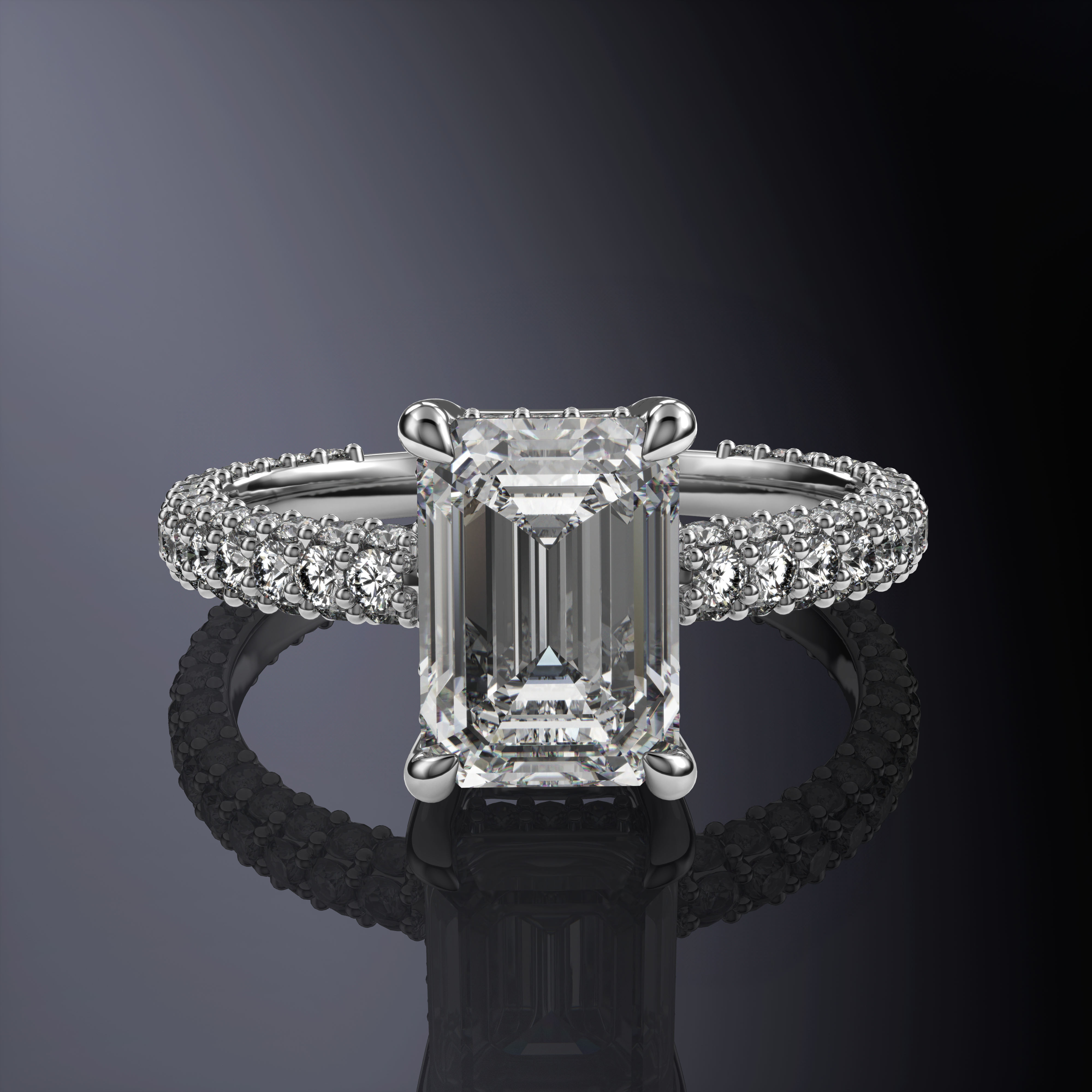 Emerald Solitaire Yellow Engagement Ring with Hidden Halo and 3 Row Shank