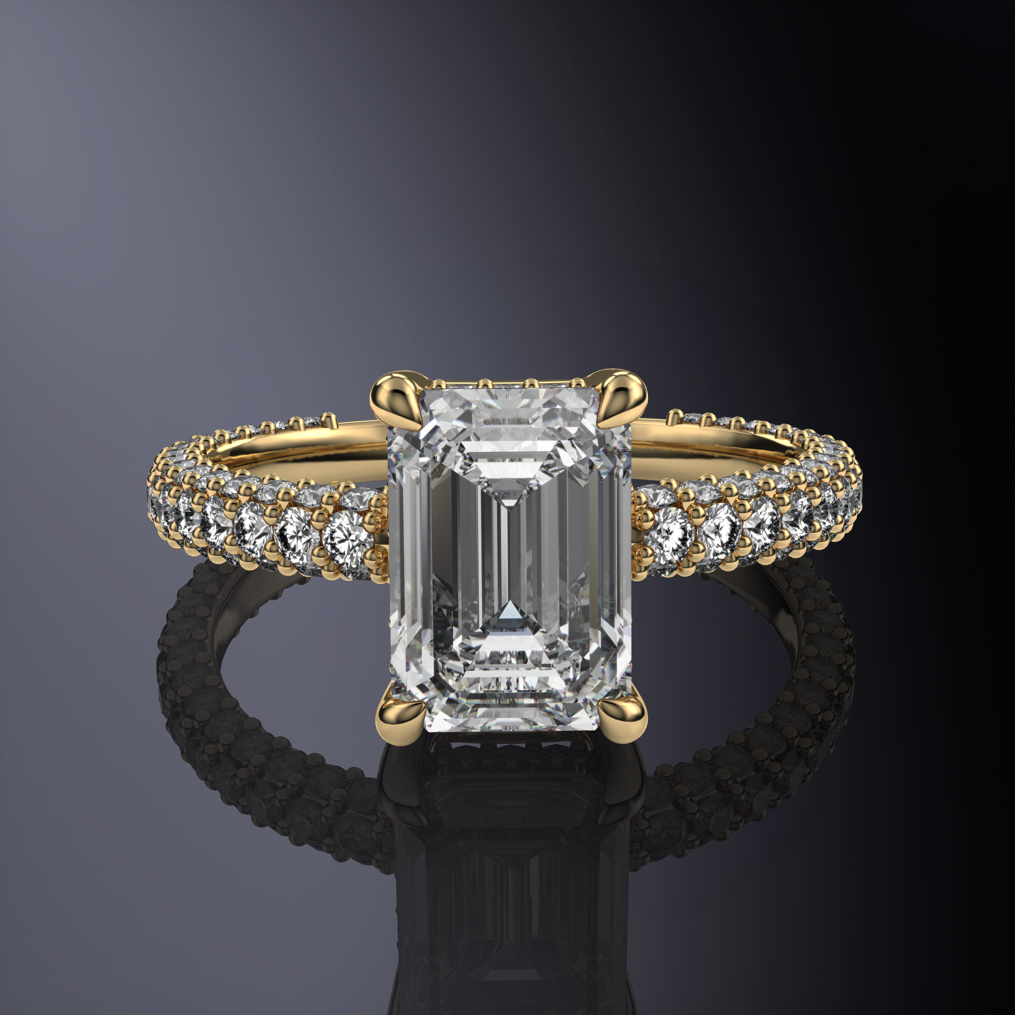 Emerald Solitaire Yellow Engagement Ring with Hidden Halo and 3 Row Shank