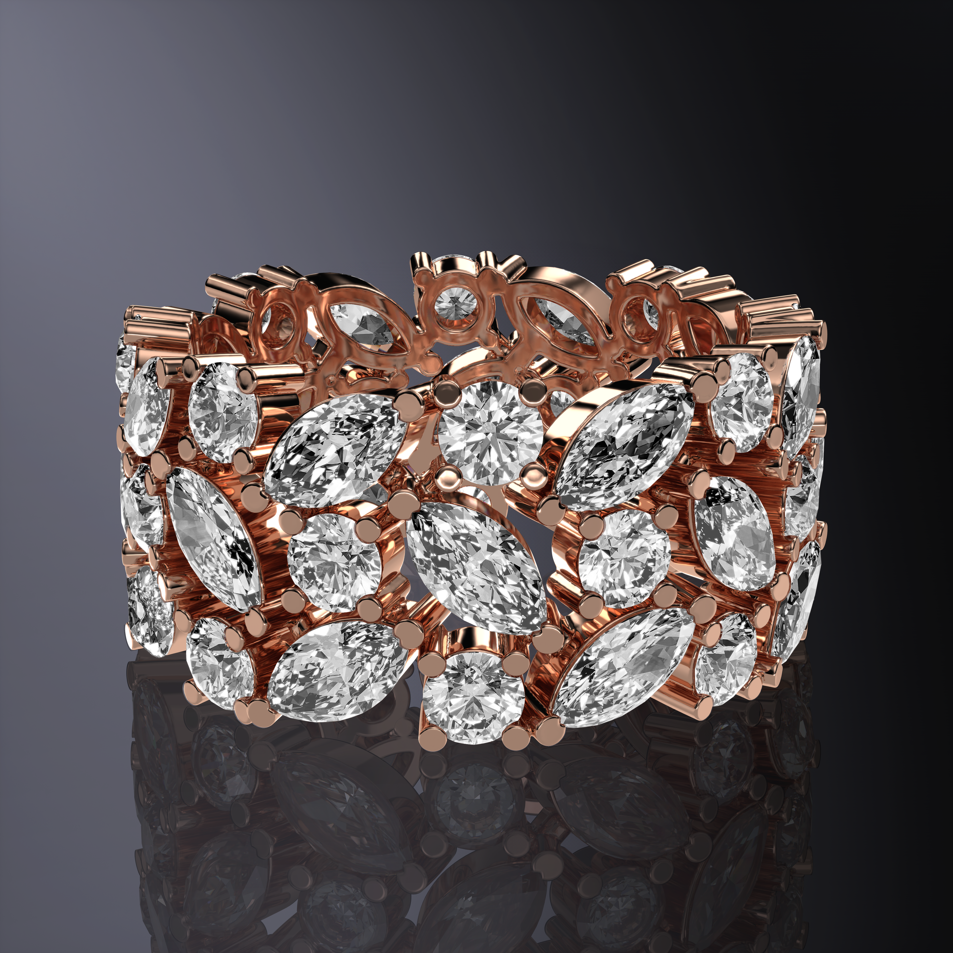Bague éternité avec diamants taille marquise et ronds brillants