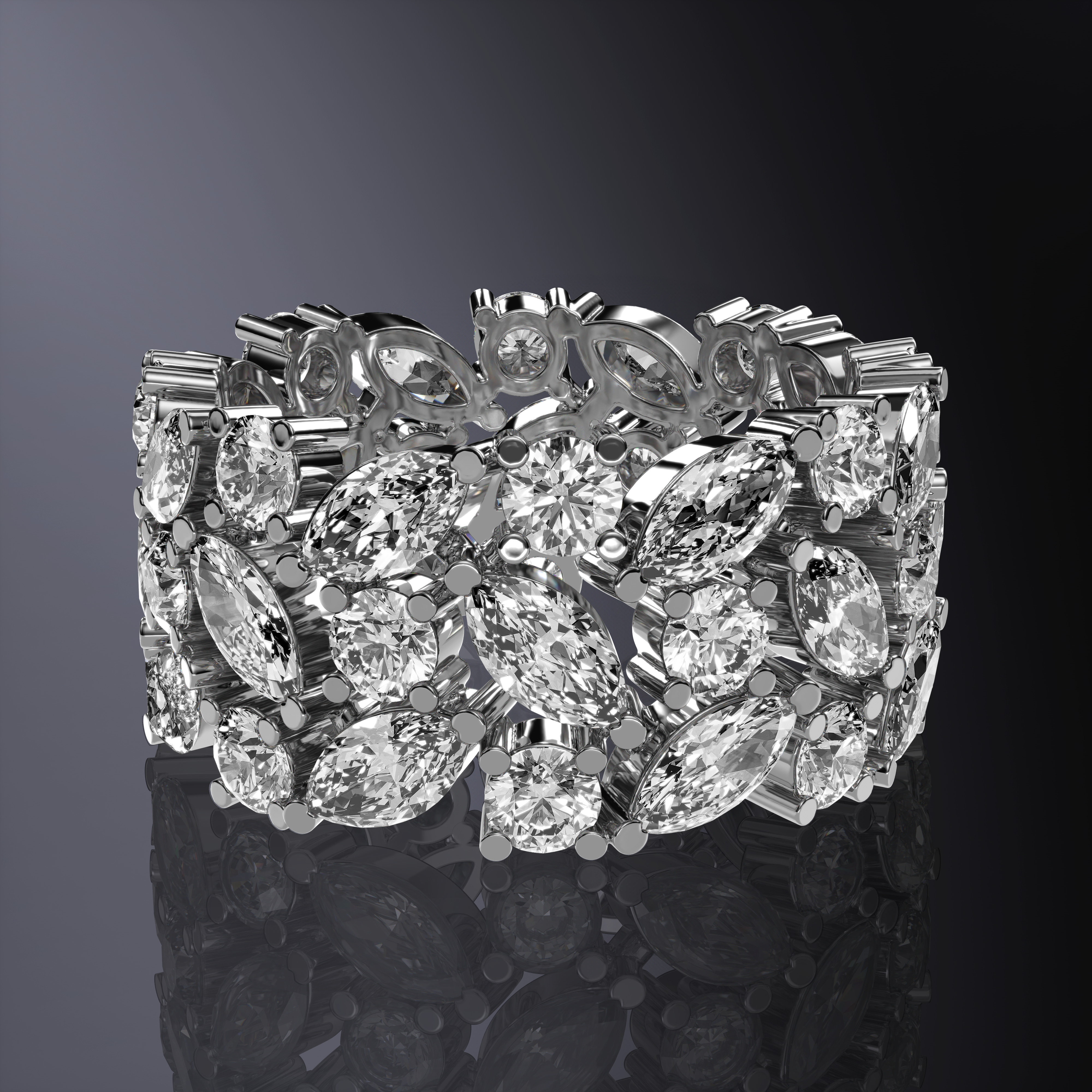 Bague éternité avec diamants taille marquise et ronds brillants