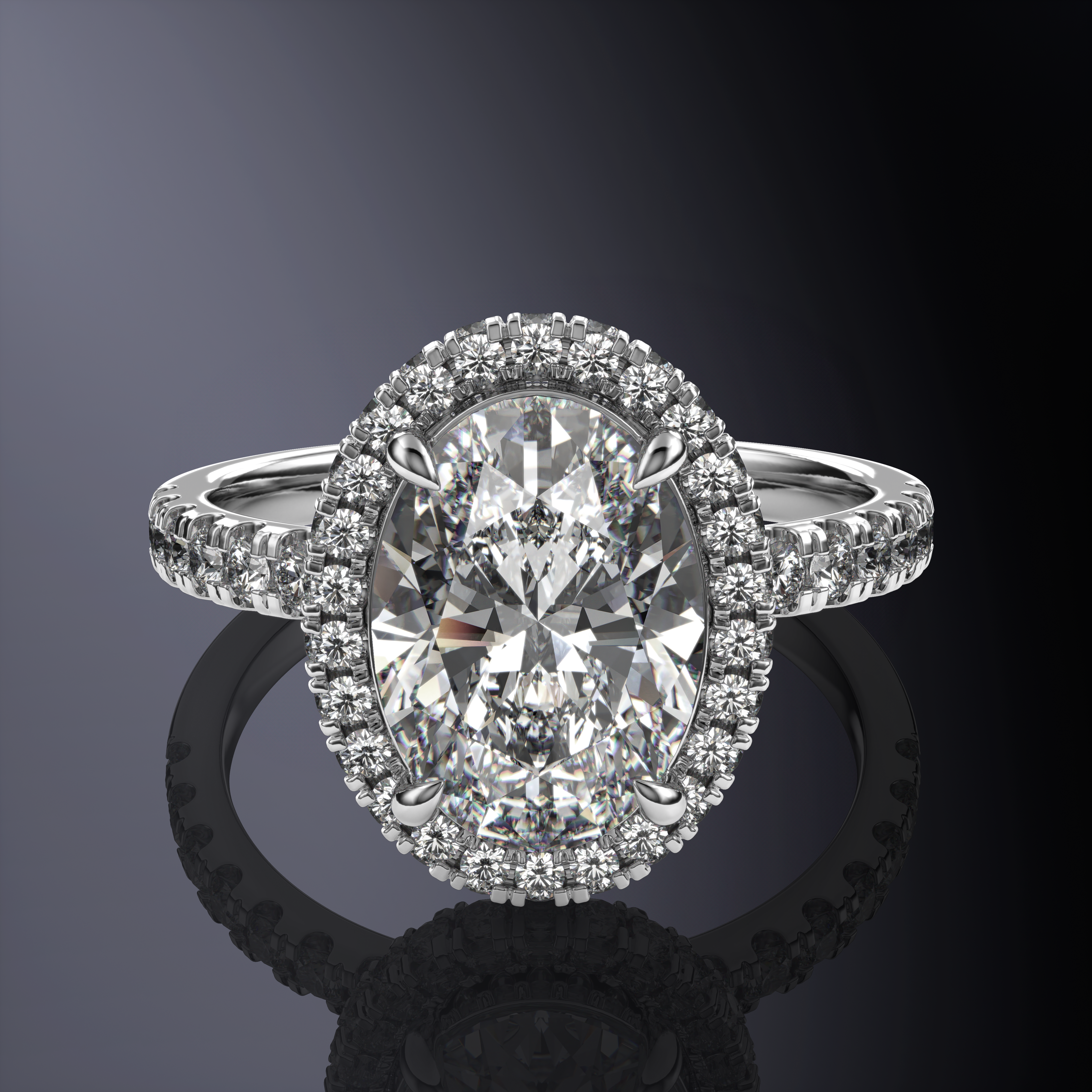 Oval Halo Yellow Ring with Hidden Halo and Pavé Band