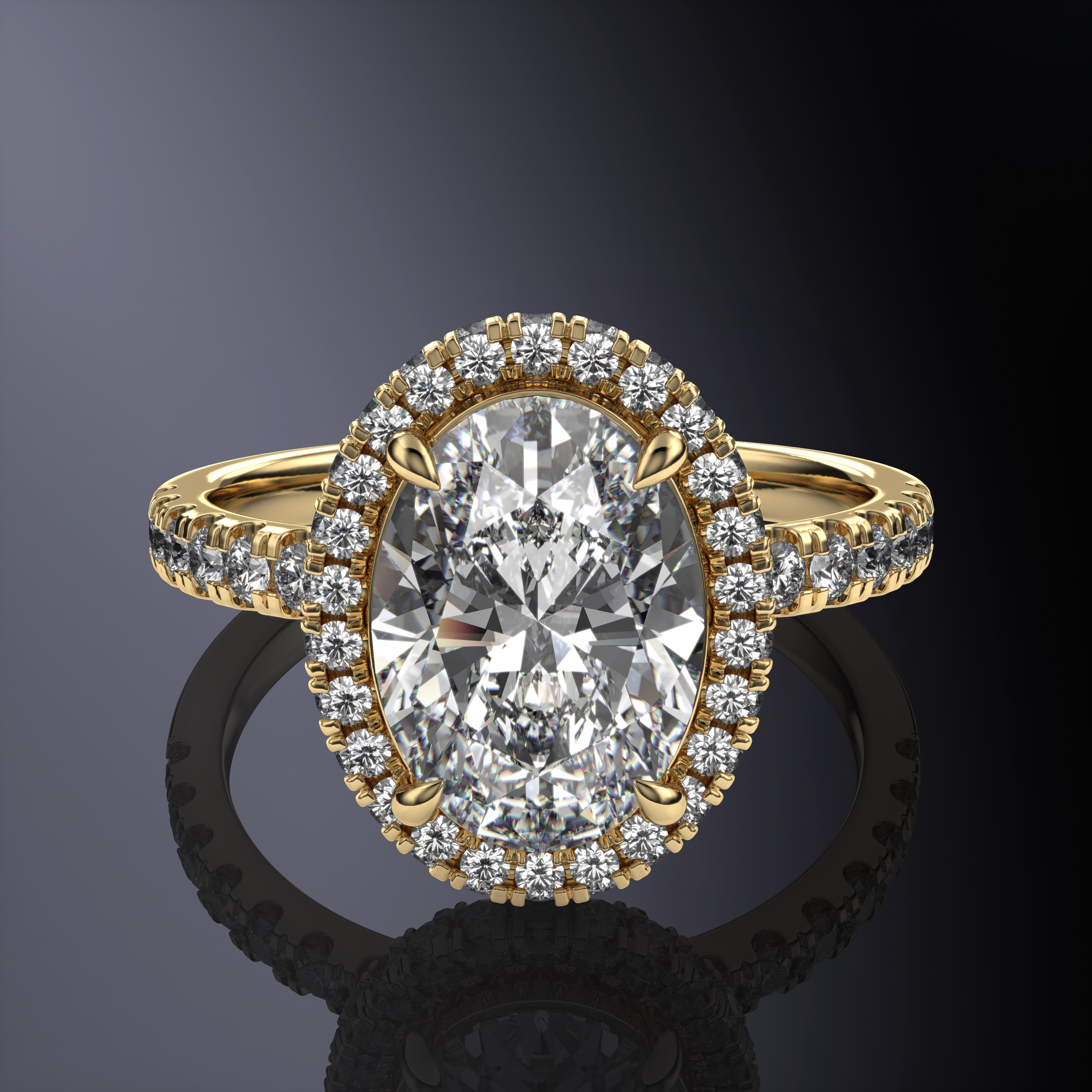 Oval Halo Yellow Ring with Hidden Halo and Pavé Band