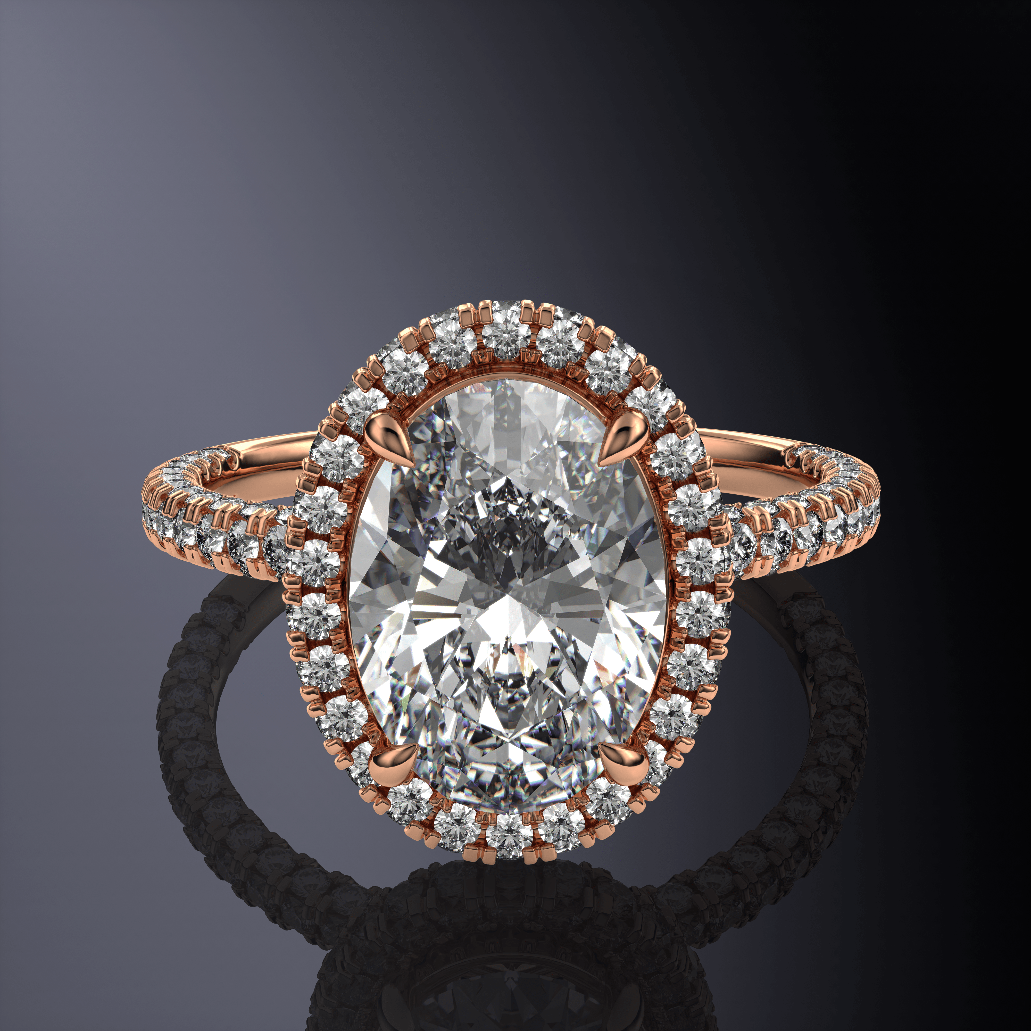 Oval Halo White Ring with Hidden Halo and Three-Sided Pavé Band