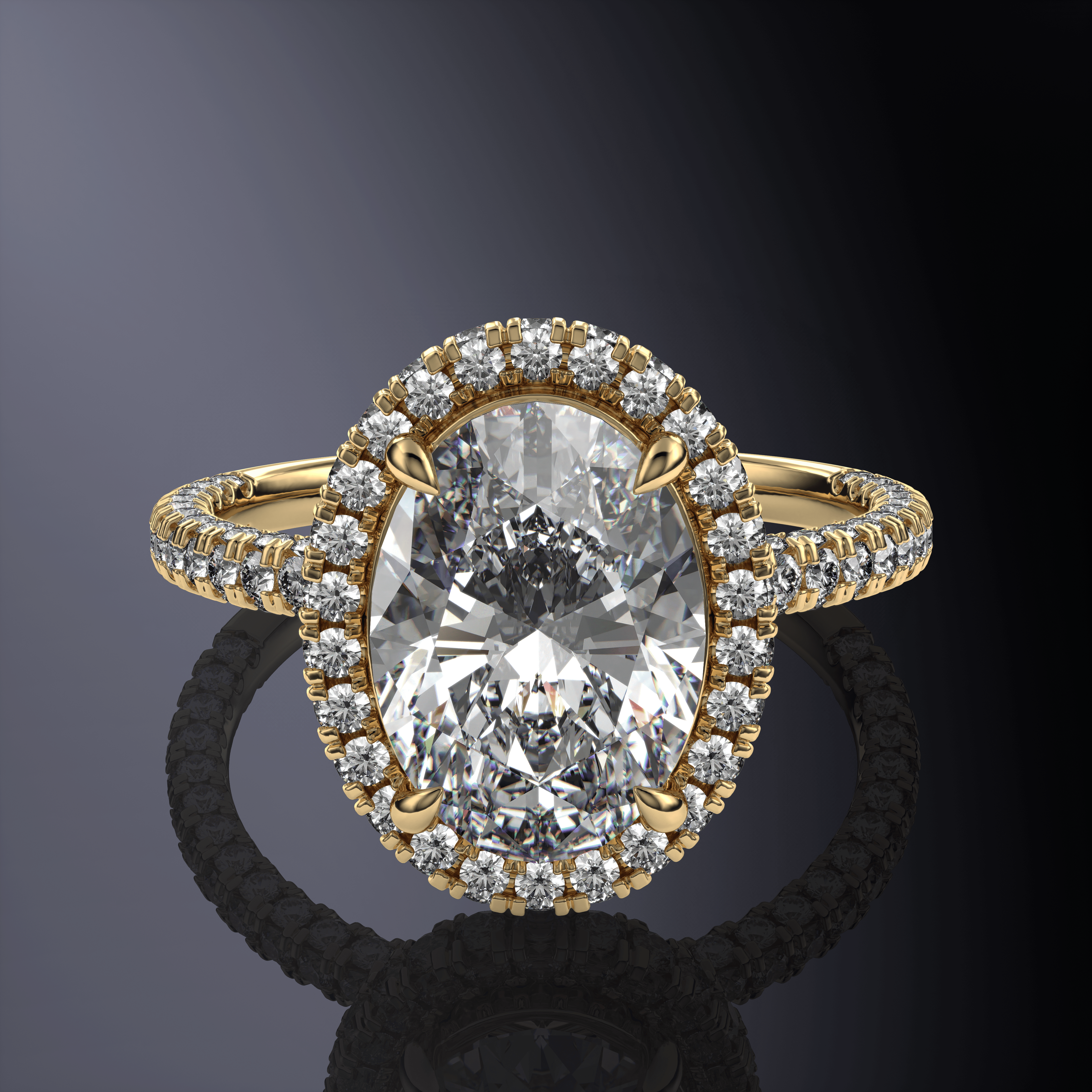 Oval Halo White Ring with Hidden Halo and Three-Sided Pavé Band