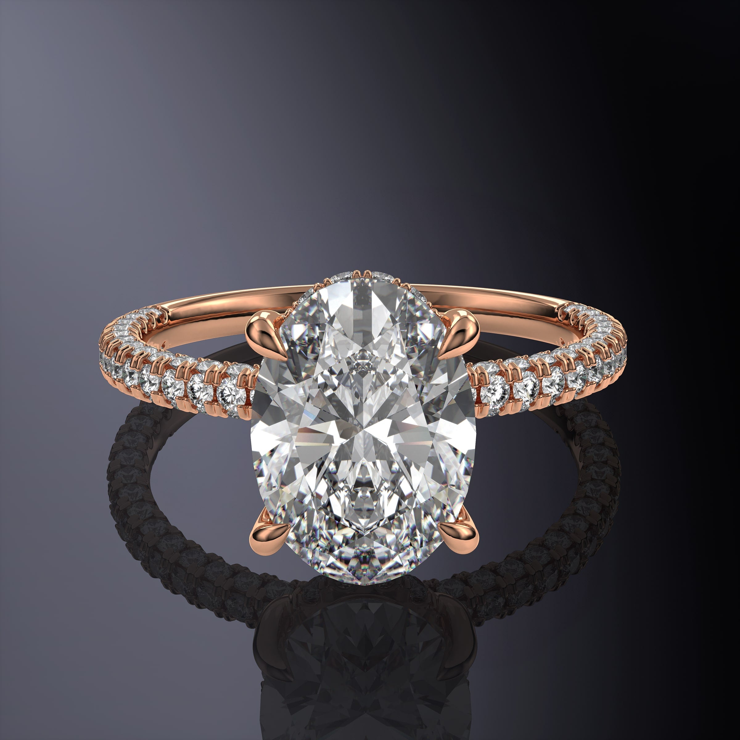 Oval Solitaire Engagement Yellow Ring with Hidden Halo and 3 Row Shank
