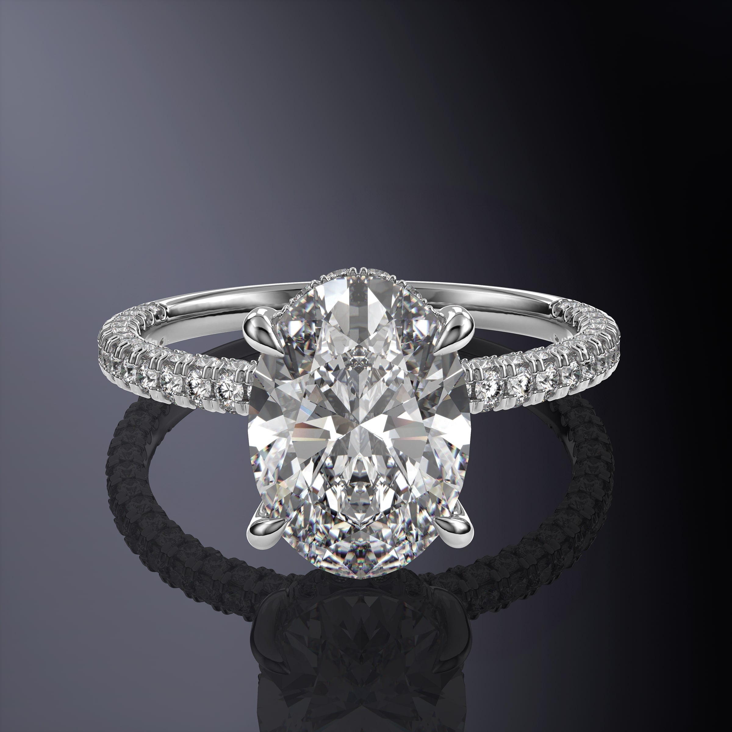 Oval Solitaire Engagement Yellow Ring with Hidden Halo and 3 Row Shank