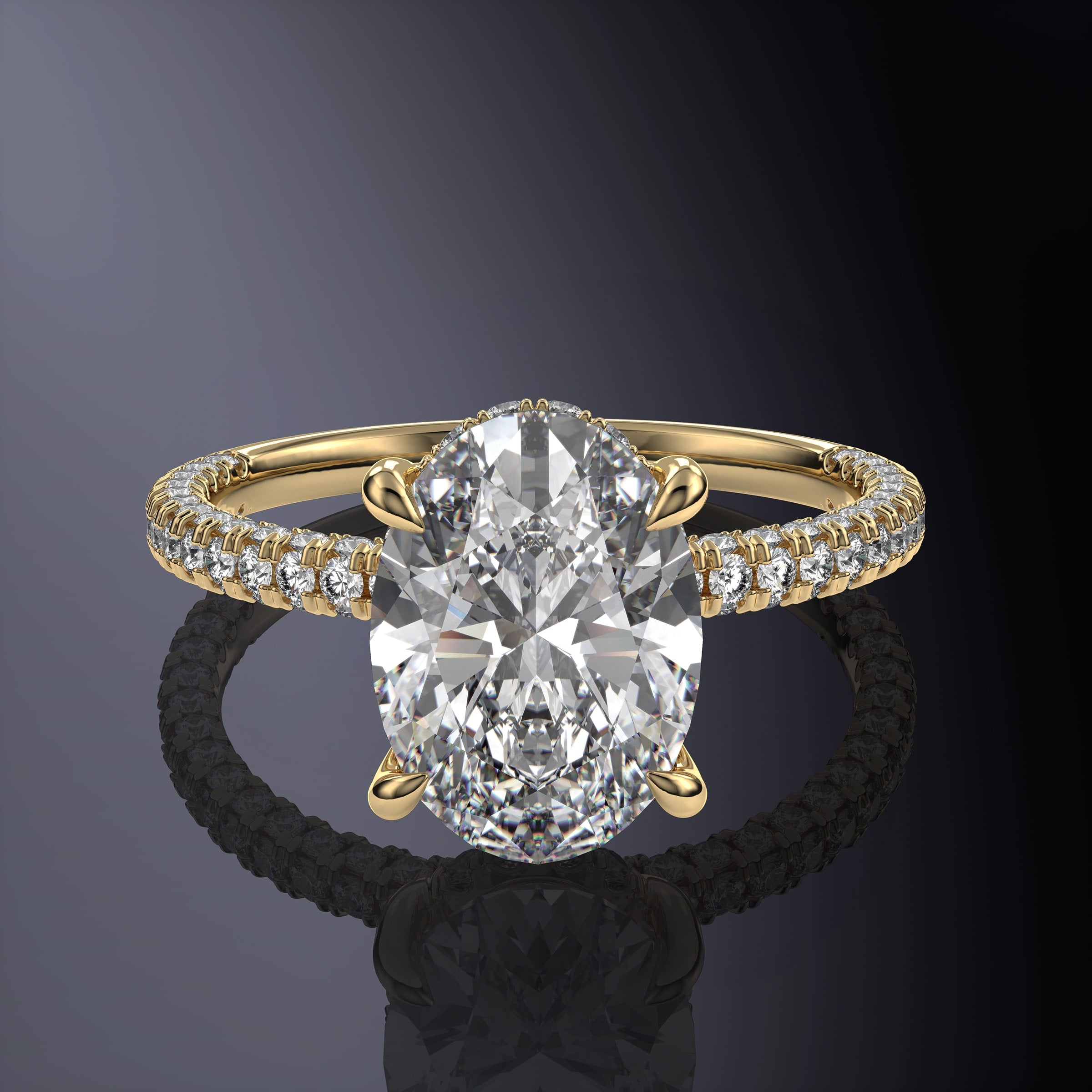 Oval Solitaire Engagement Yellow Ring with Hidden Halo and 3 Row Shank