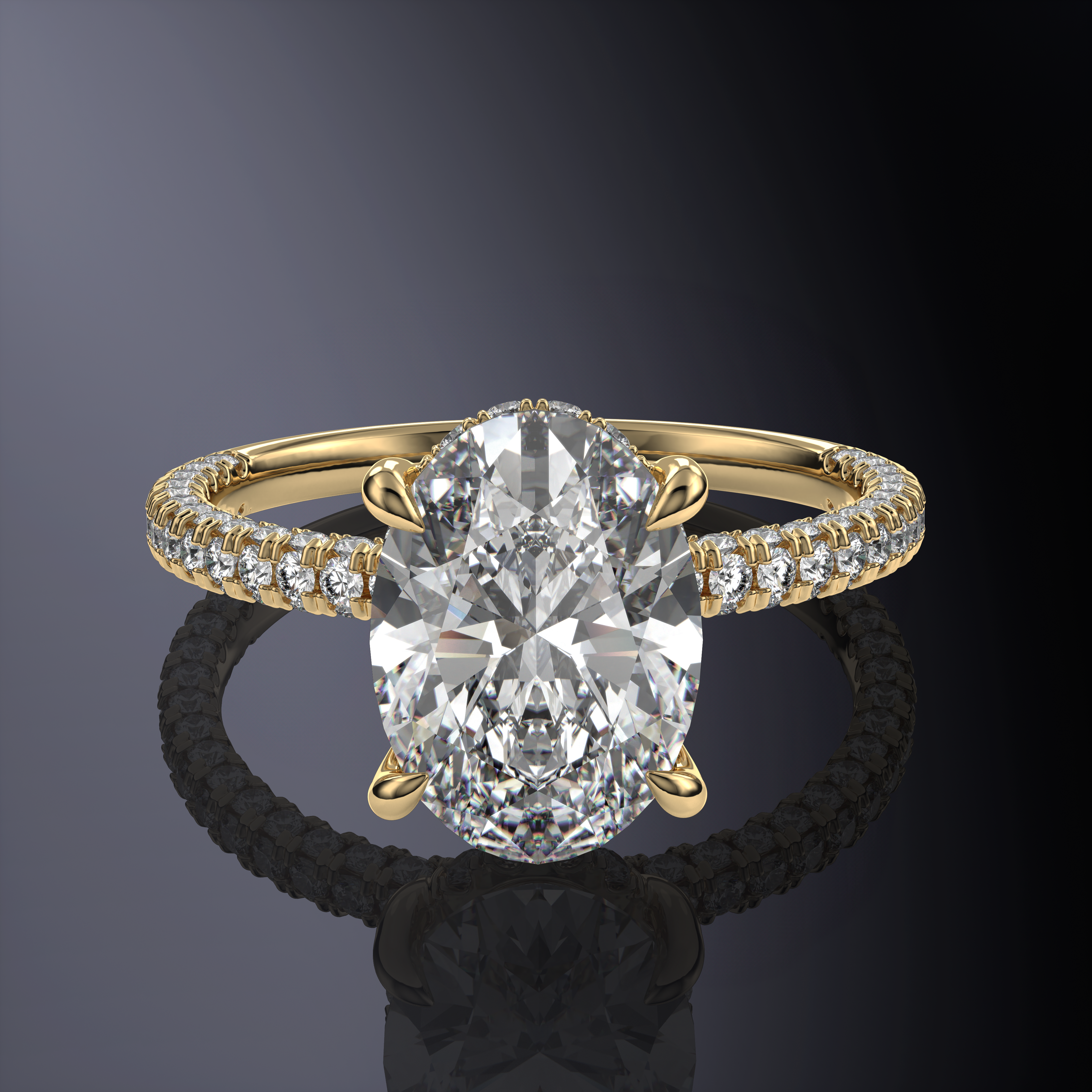 Oval Solitaire White Ring with Hidden Halo and Three-Sided Pavé Band