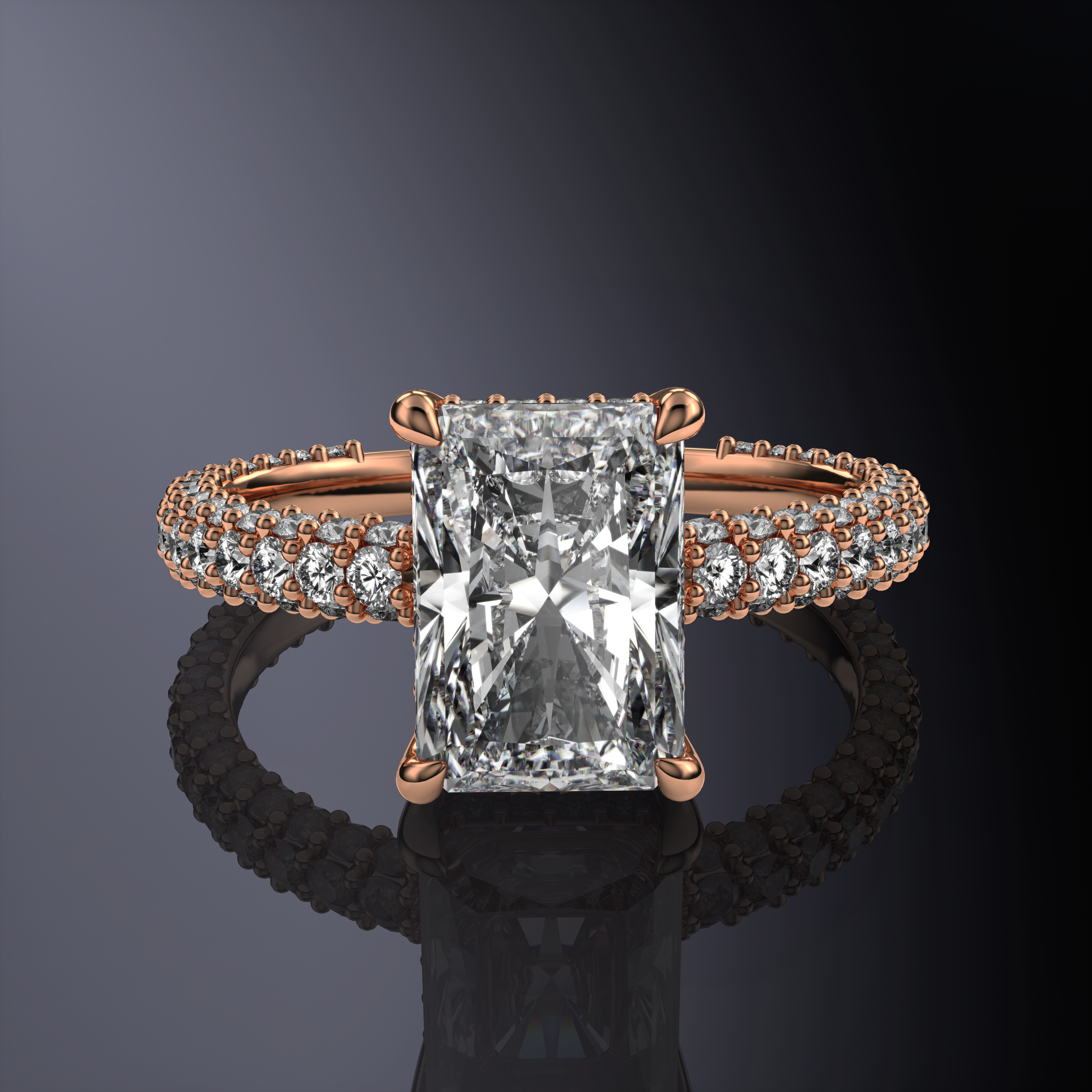 Radiant Solitaire Engagement Ring Yellow with Hidden Halo and 3 row shank