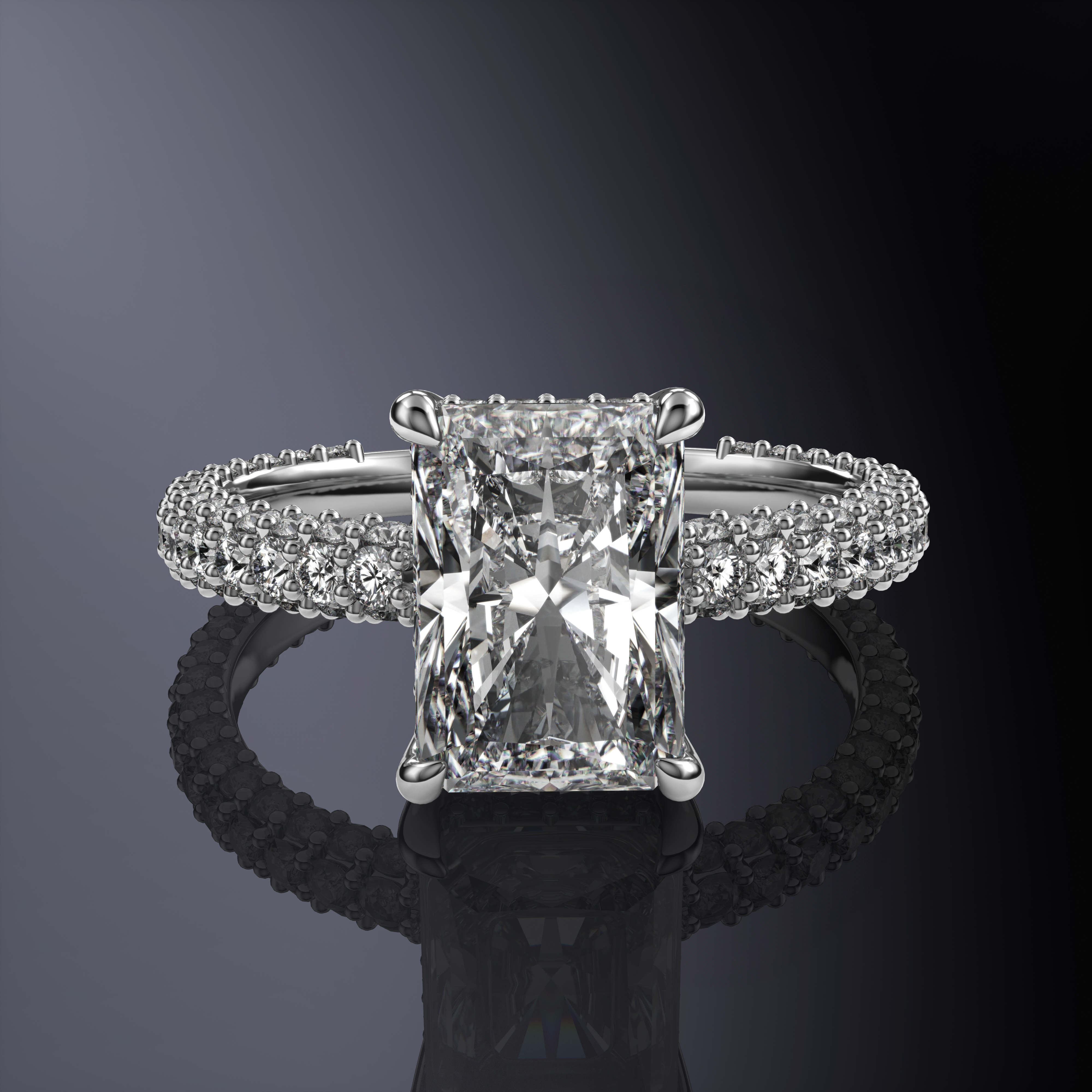 Elongated Cushion Hidden Halo 3-Row Pavé Shank White Engagement