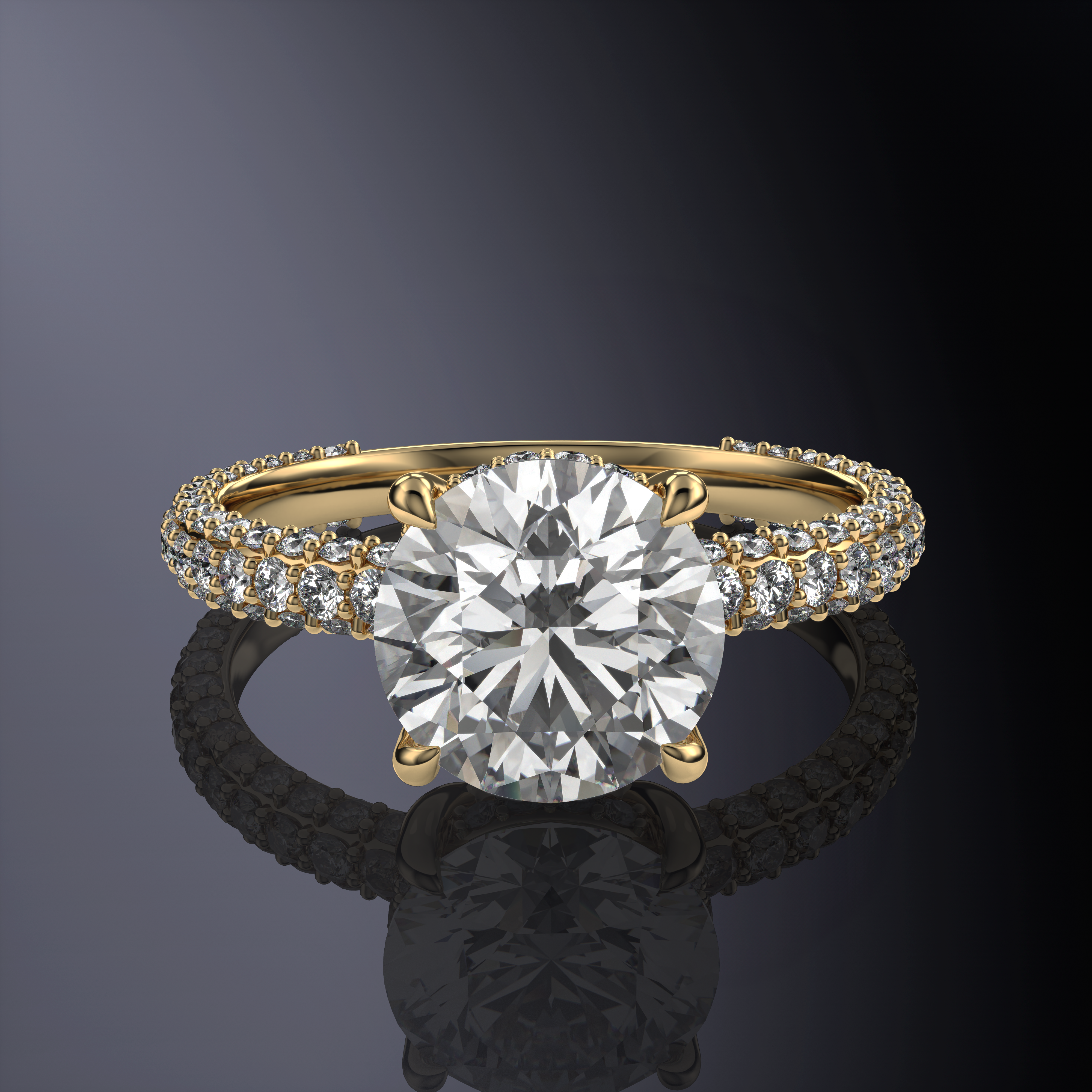 Round Brilliant Solitaire Yellow Engagement Ring with Hidden Halo and 3 Row Shank