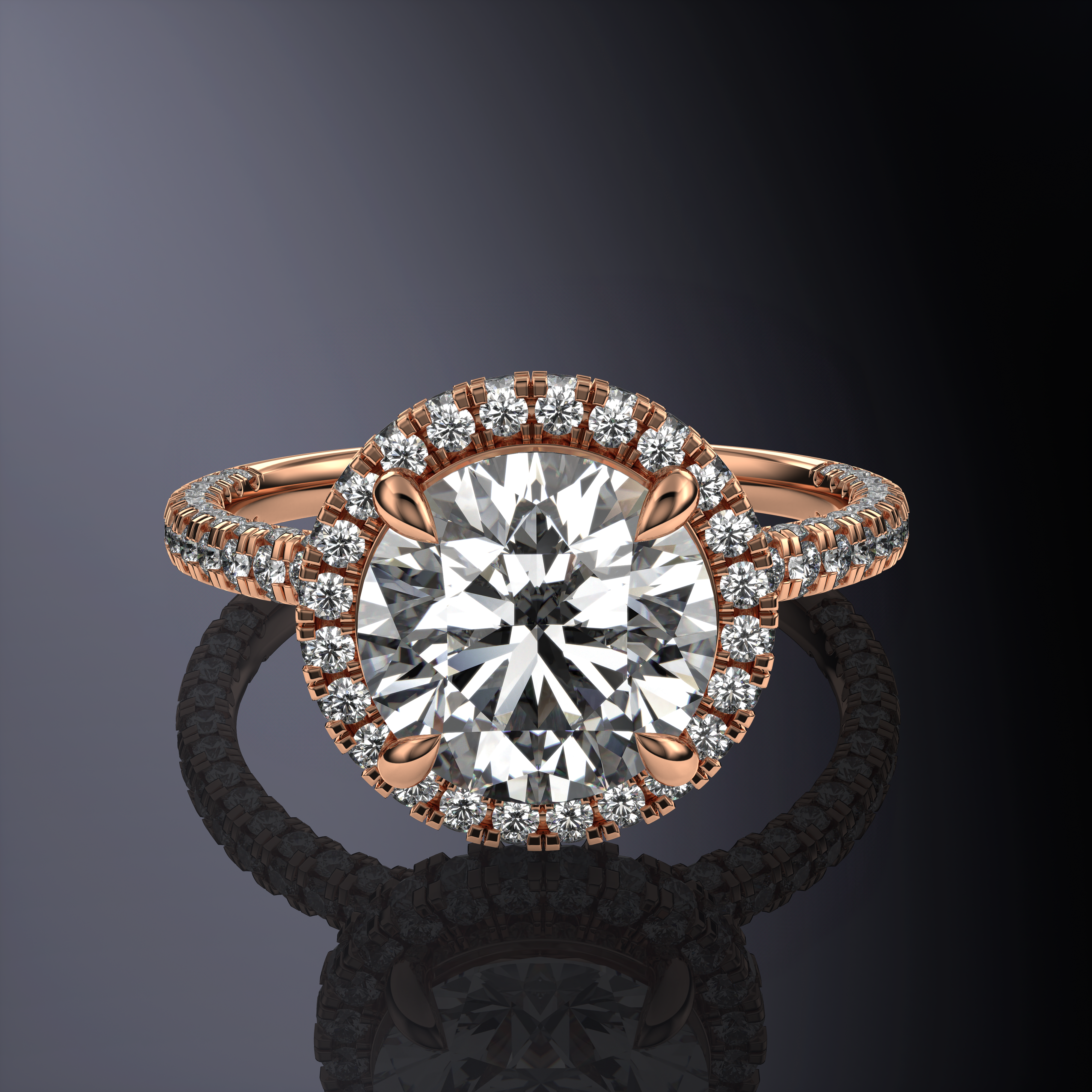 Round Solitaire Halo Yellow Ring with Hidden Halo with Three-Sided Pavé