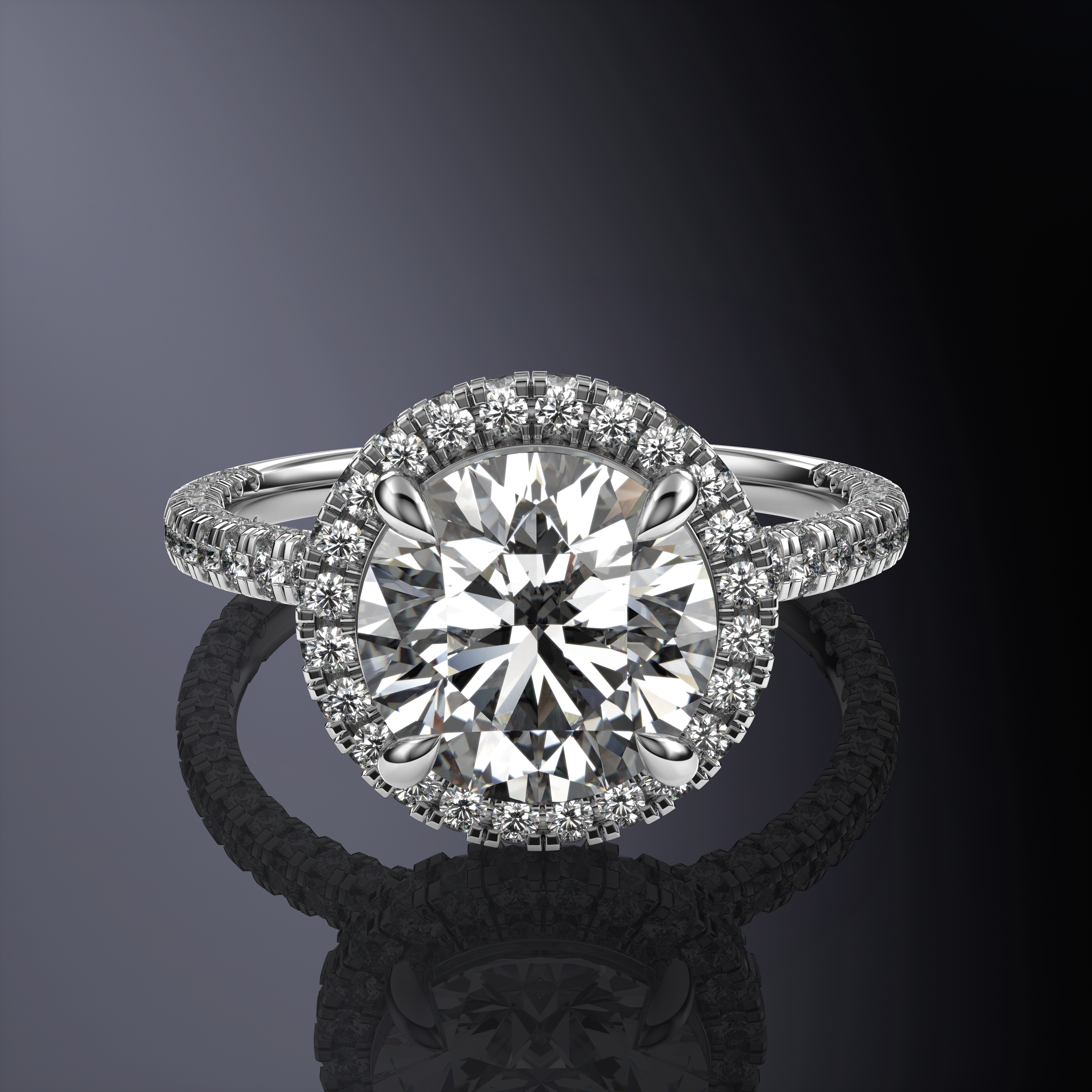 Round Solitaire Halo Yellow Ring with Hidden Halo with Three-Sided Pavé