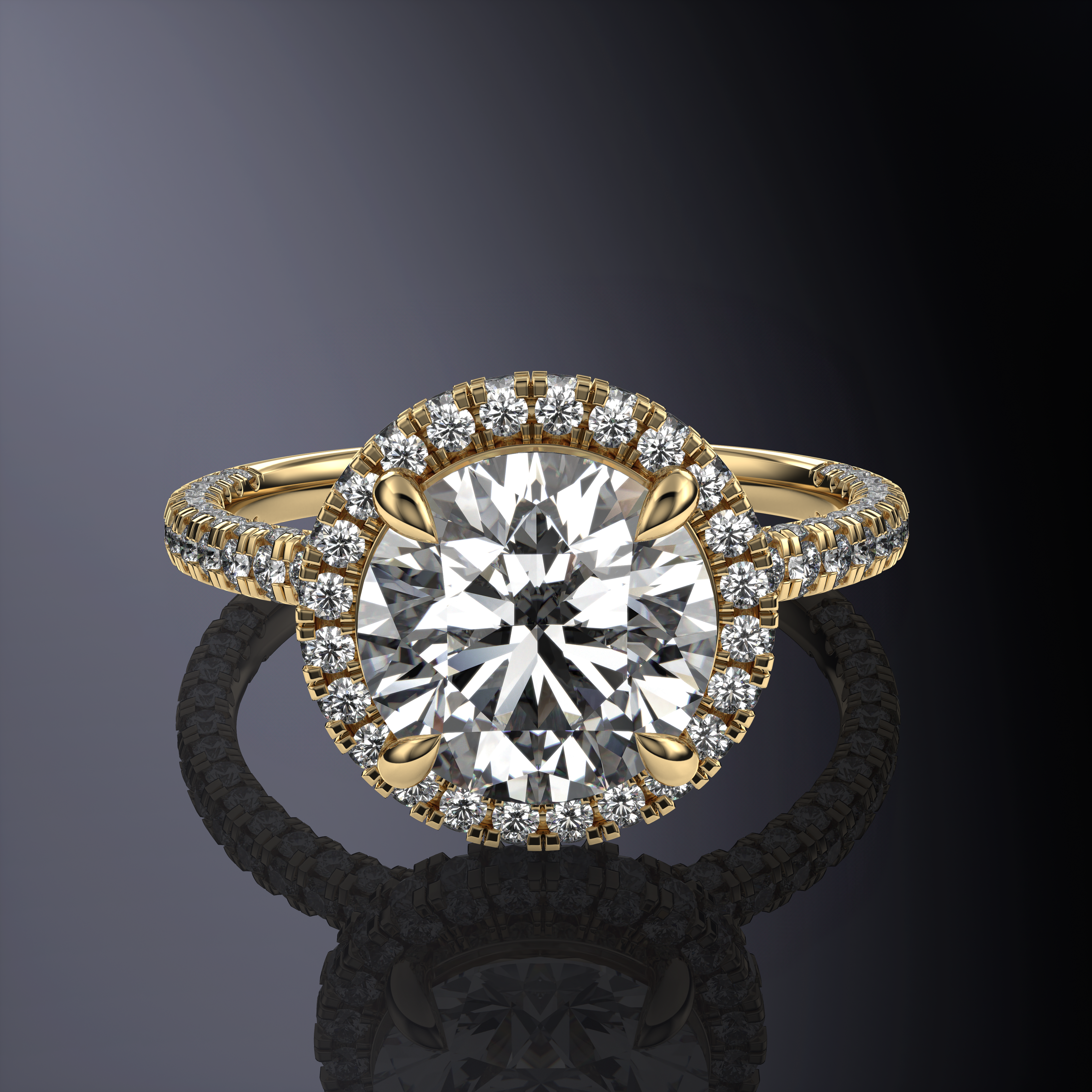 Round Solitaire Halo Yellow Ring with Hidden Halo with Three-Sided Pavé