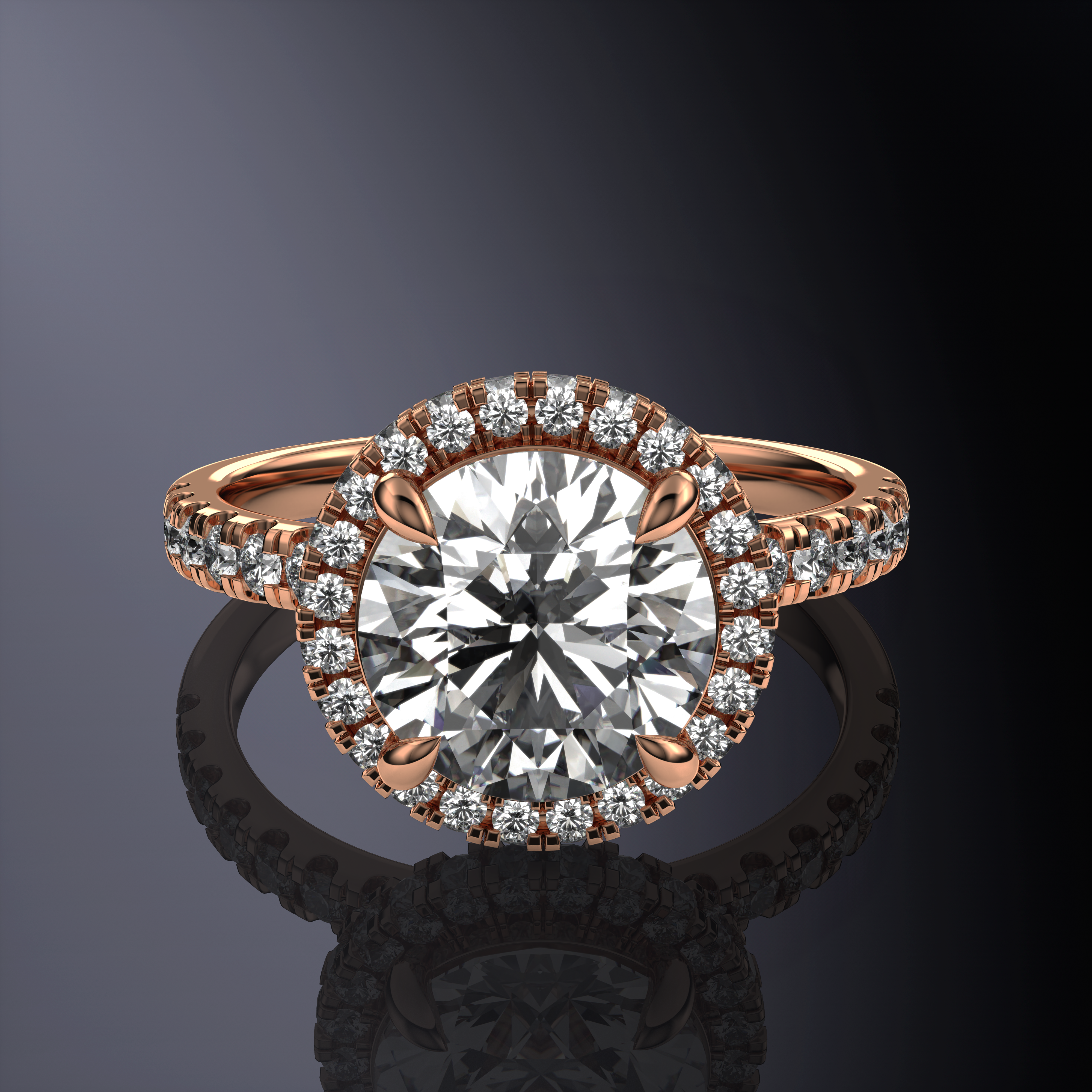 Round Solitaire Halo Yellow Ring with hidden halo with 1 row pave