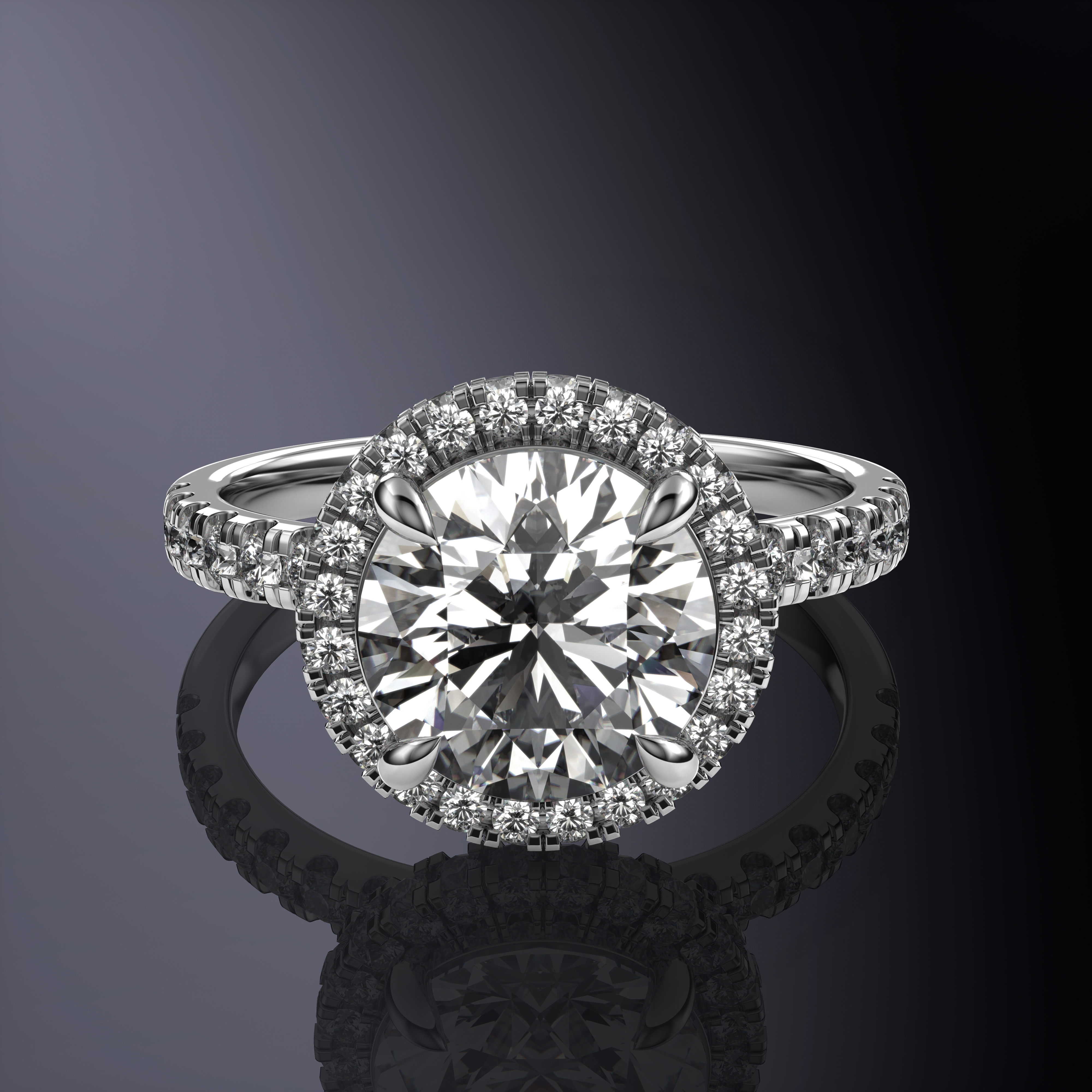 Round Solitaire Halo Yellow Ring with hidden halo with 1 row pave