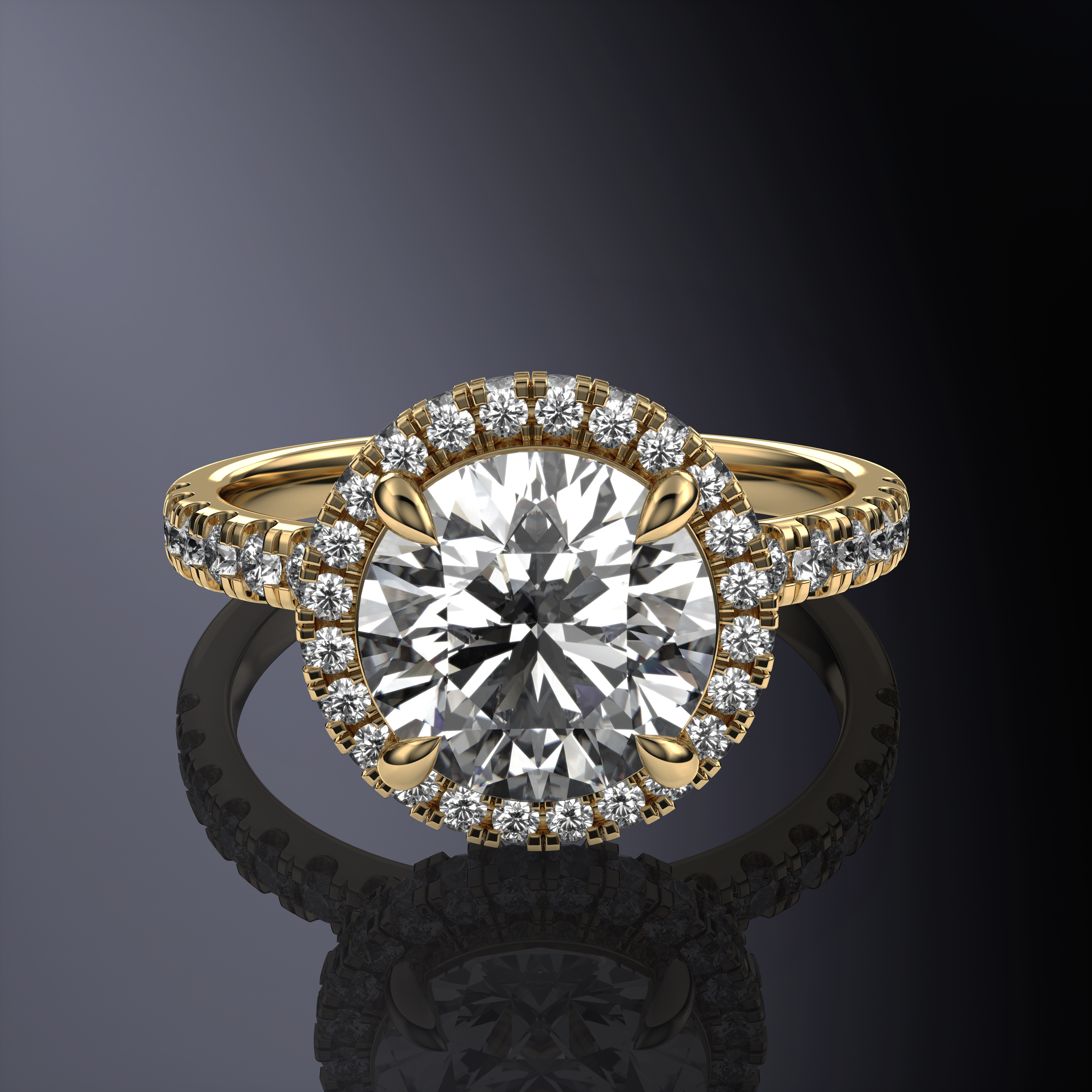 Round Solitaire Halo Yellow Ring with hidden halo with 1 row pave