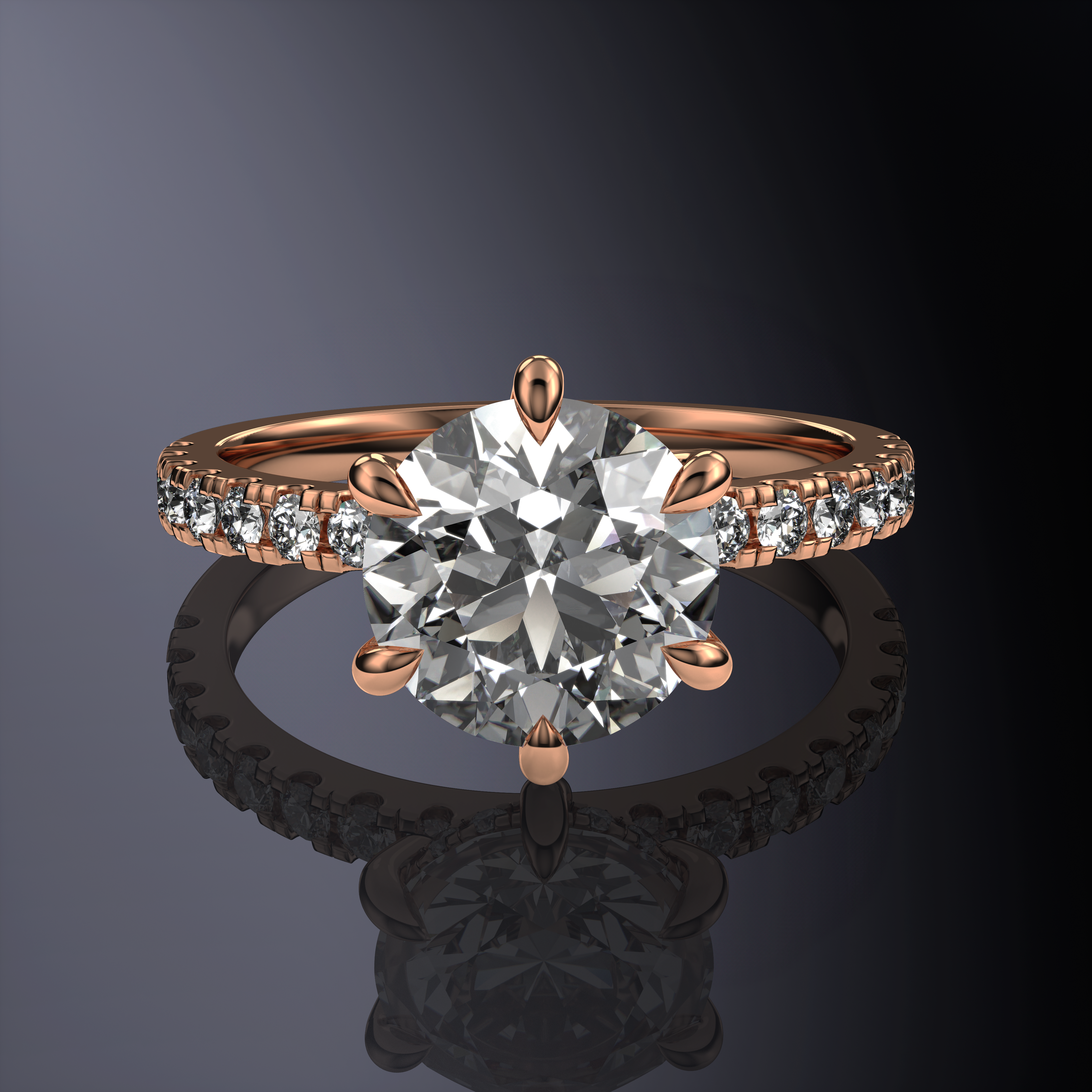 Round Solitaire Yellow Ring with hidden halo and single row pave band