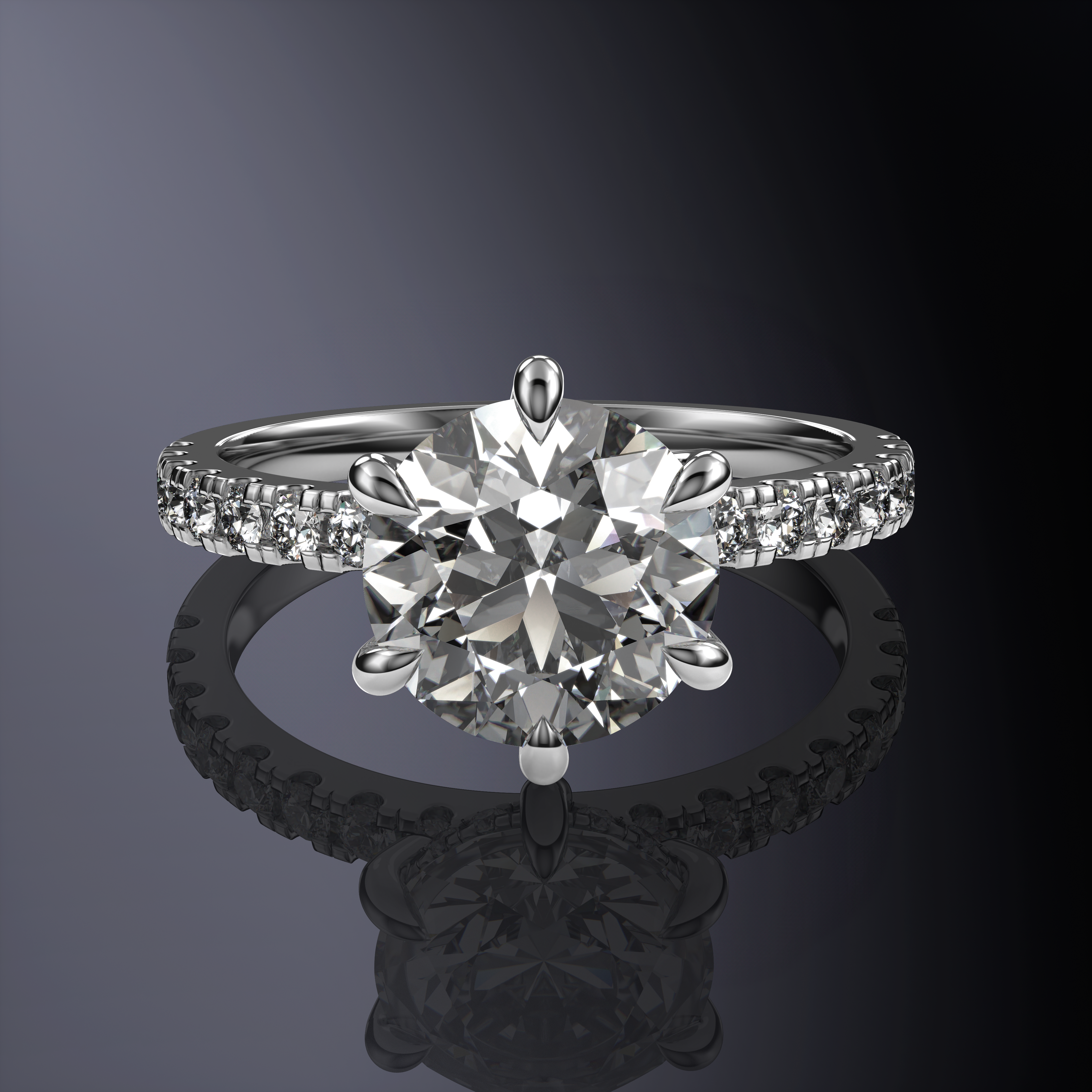 Round Solitaire Yellow Ring with hidden halo and single row pave band