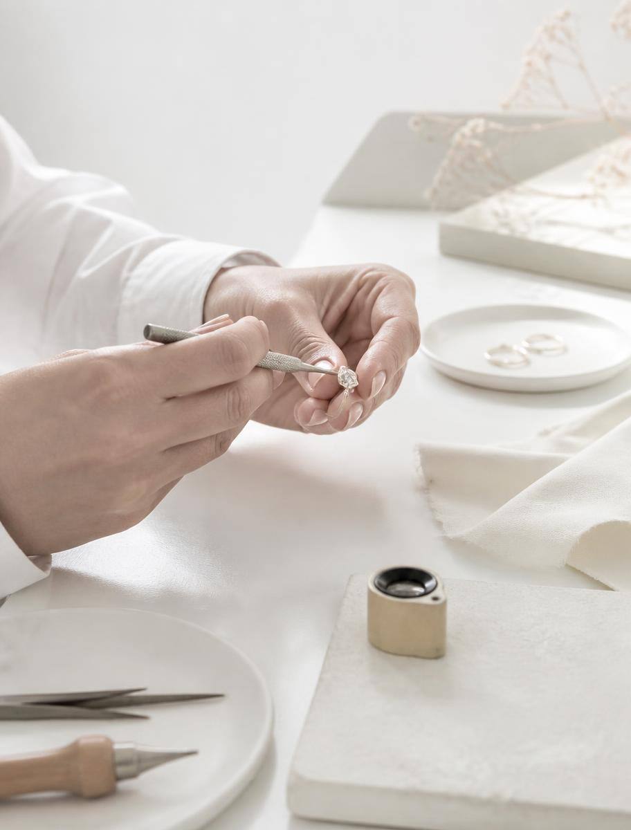 A jeweller setting stones by hand at the Astrea London bench