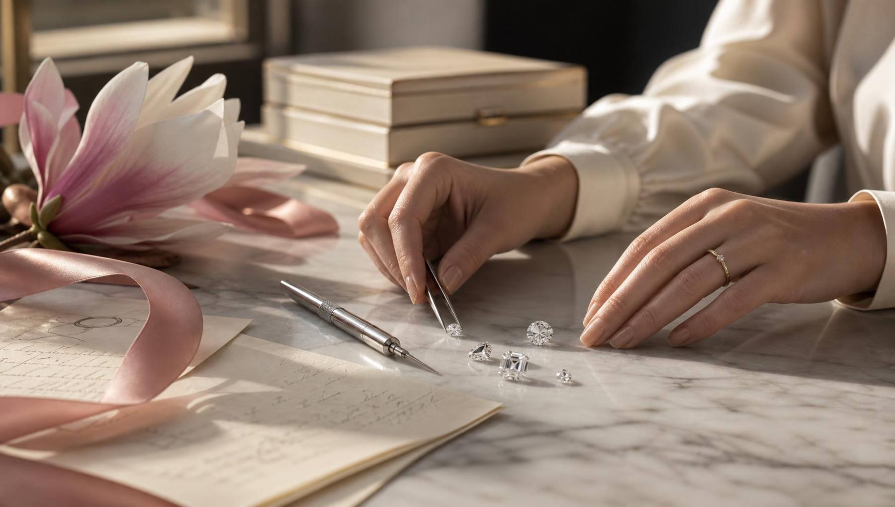 Hands arranging loose diamonds and handwritten notes in the Astrea London atelier