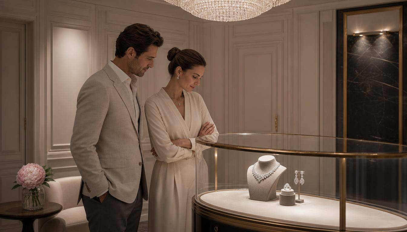 An Astrea London hotel salon at dusk with a lit vitrine of diamond jewellery