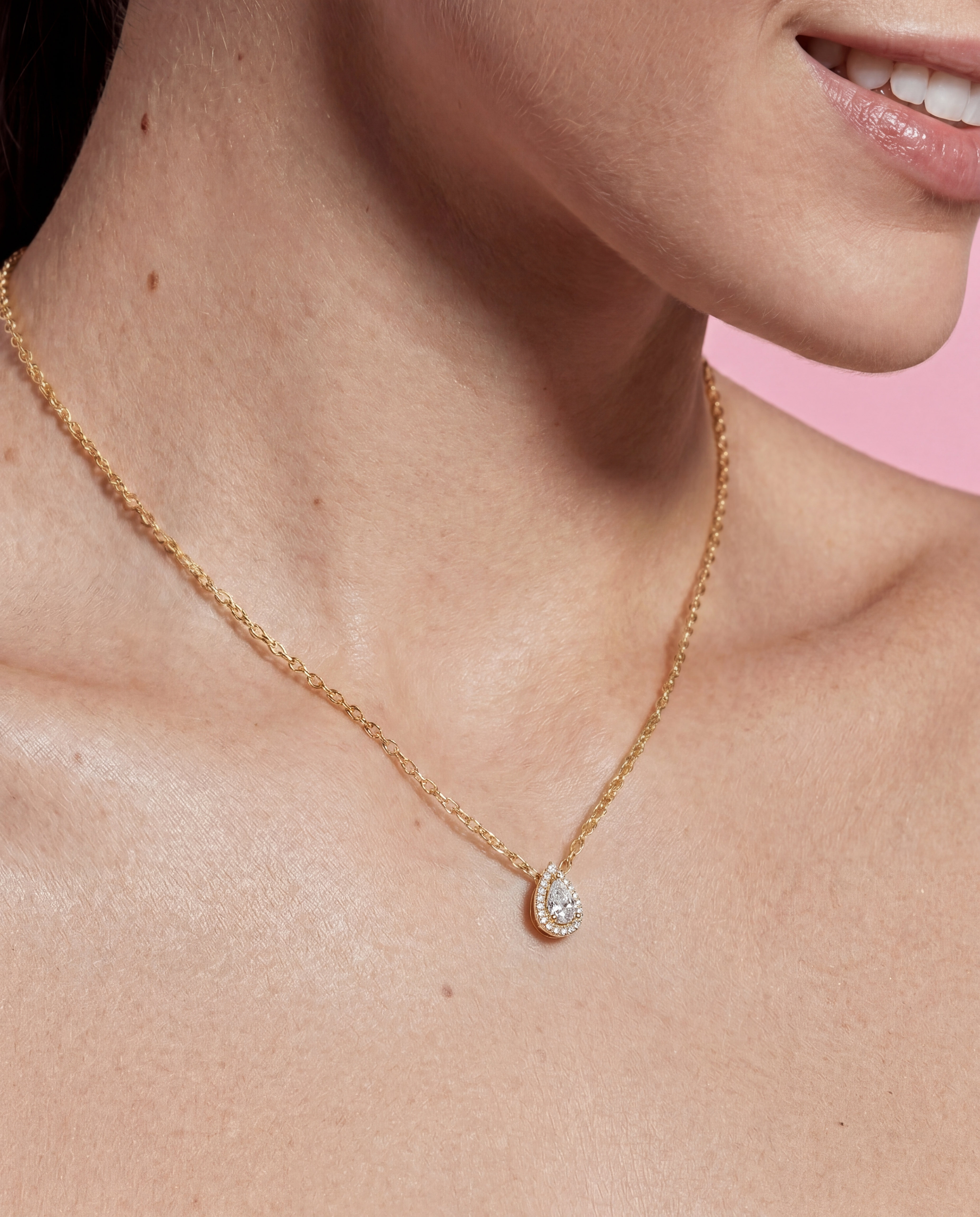 Pear Cut Halo Pendant Yellow Gold