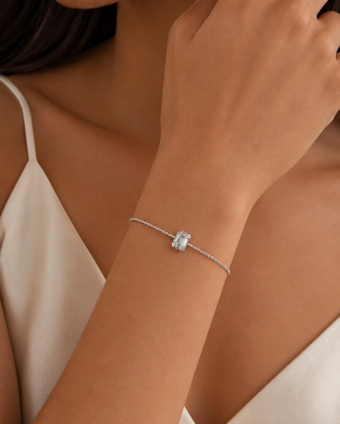 Emerald Cut Single Stone Chain Bracelet White Gold