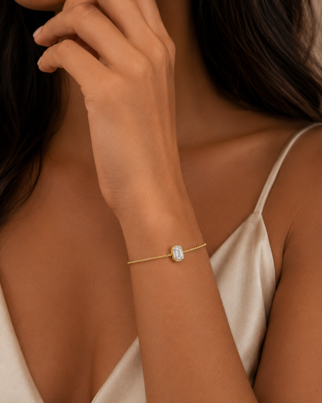 Emerald Cut Single Stone Chain Bracelet Yellow Gold