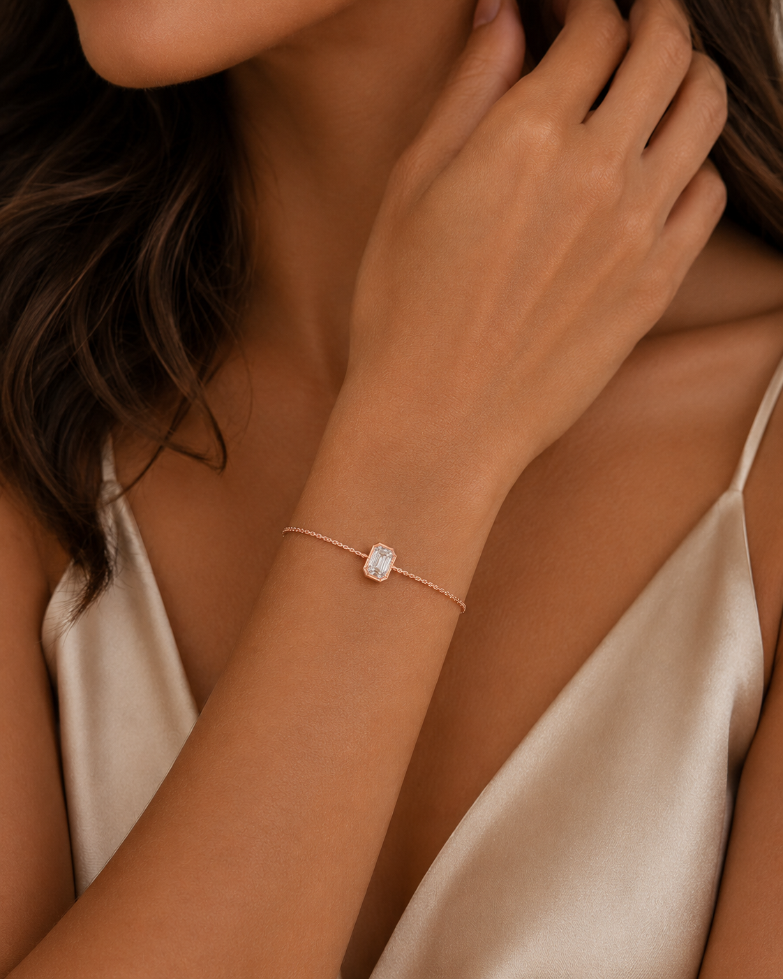 Emerald Cut Single Stone Chain Bracelet Rose Gold