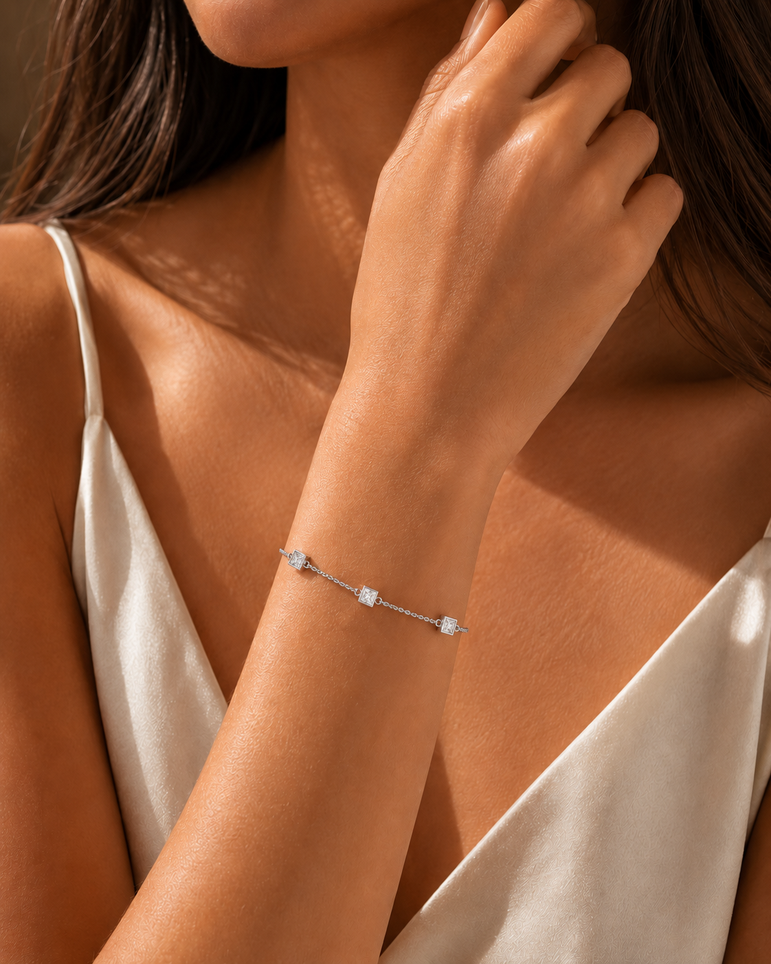 Princess Cut Four Stone Chain Bracelet White Gold