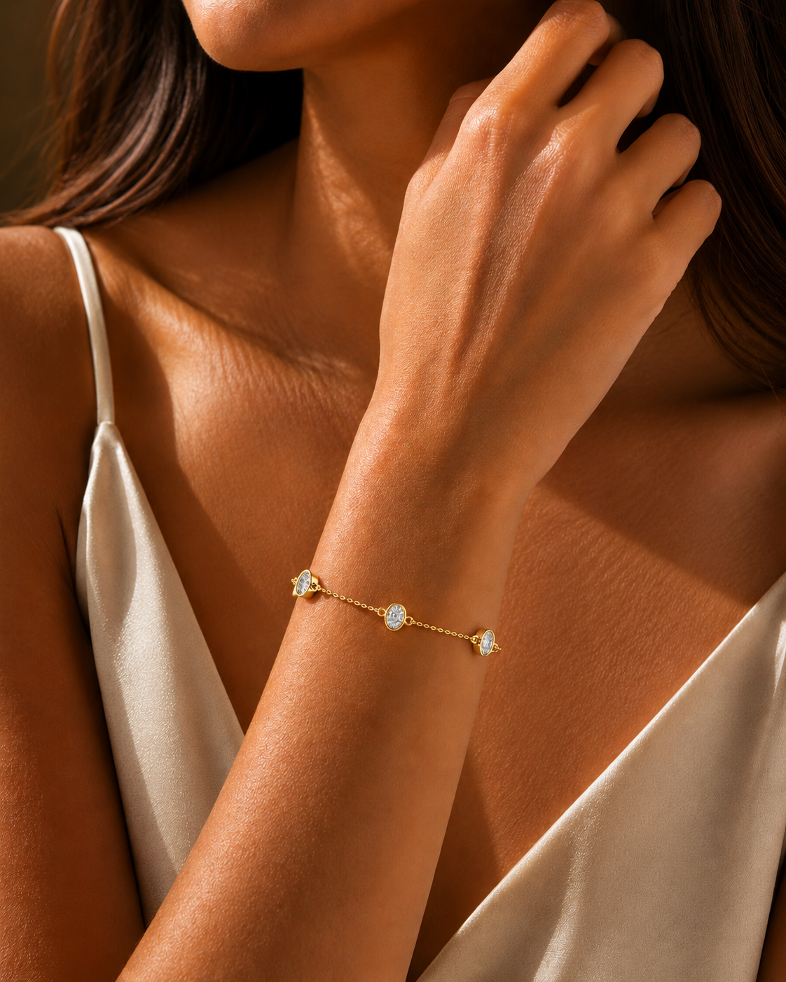 Oval Cut Four Stone Chain Bracelet Yellow Gold