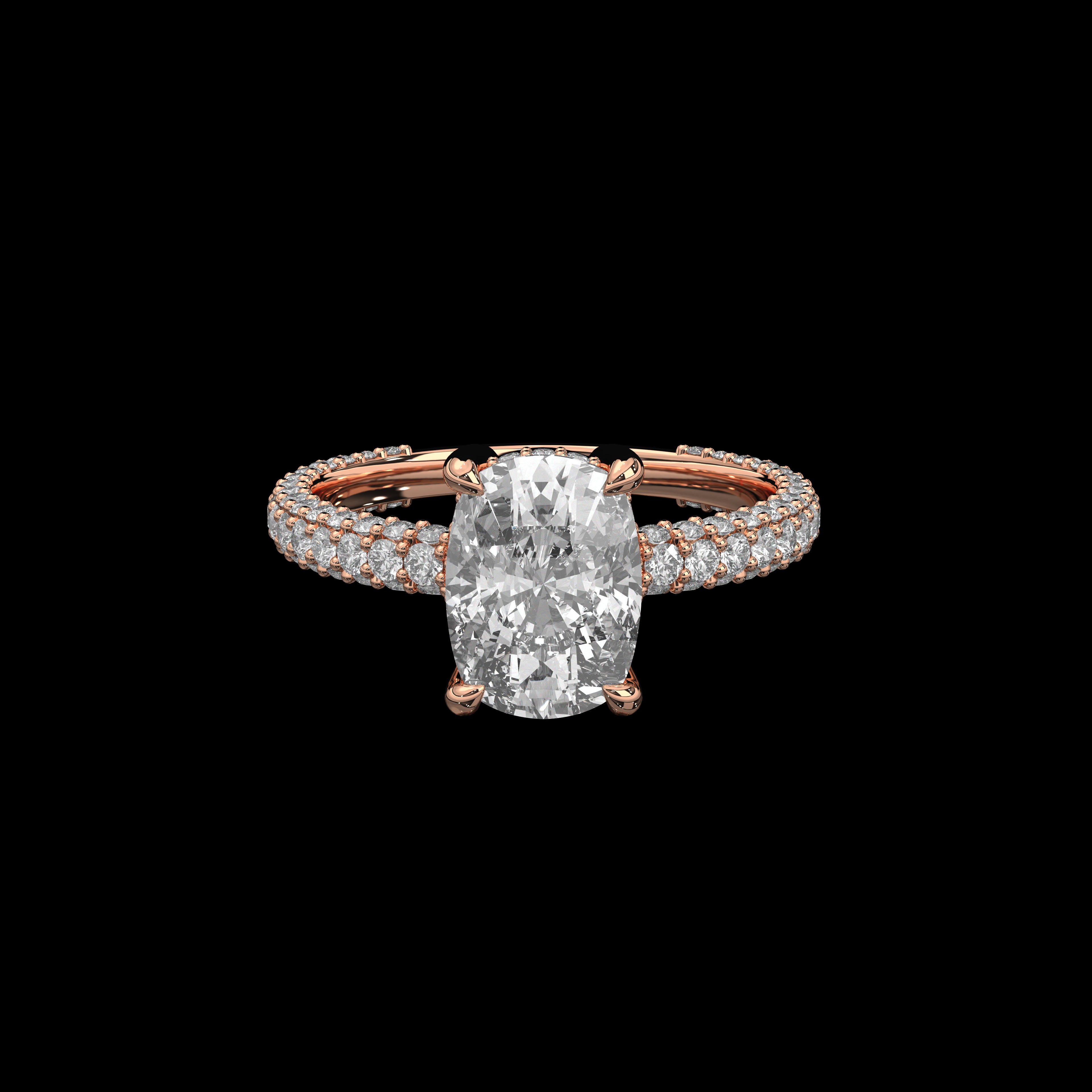 Elongated Cushion Solitaire Engagement Ring with Hidden Halo and 3 Row Shank
