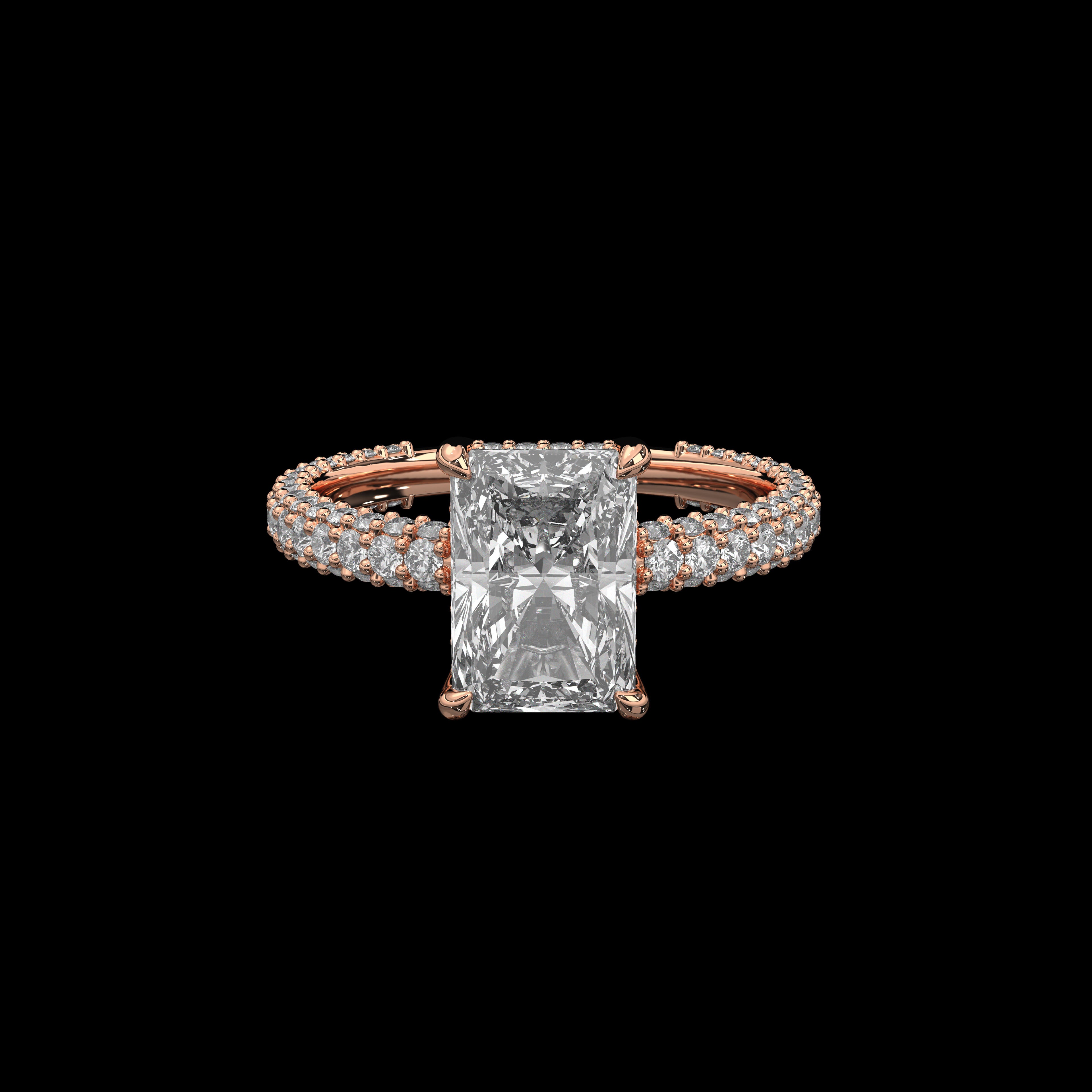 Elongated cushion hidden halo 3 row pave shank