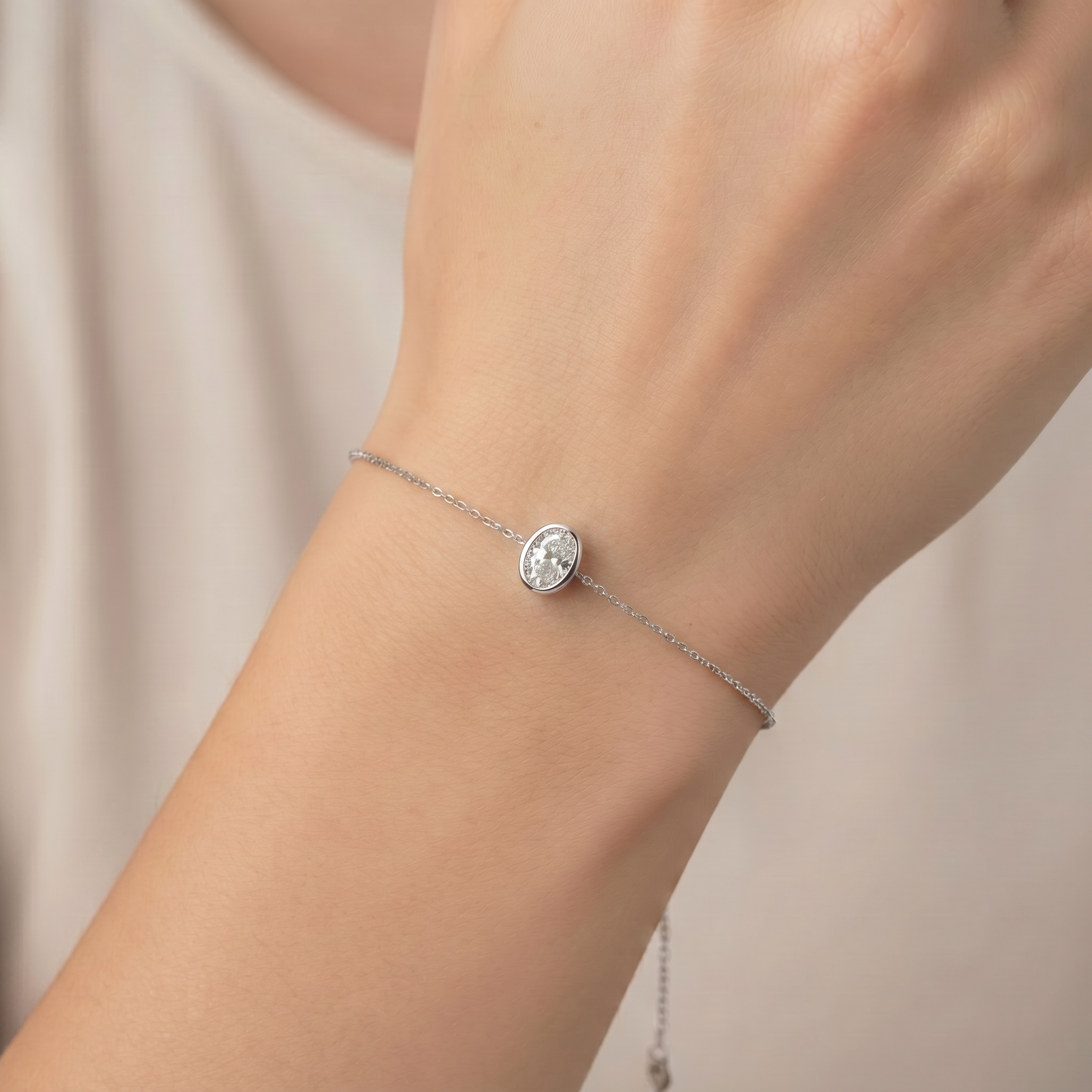 Oval Cut Single Stone Chain Bracelet White Gold