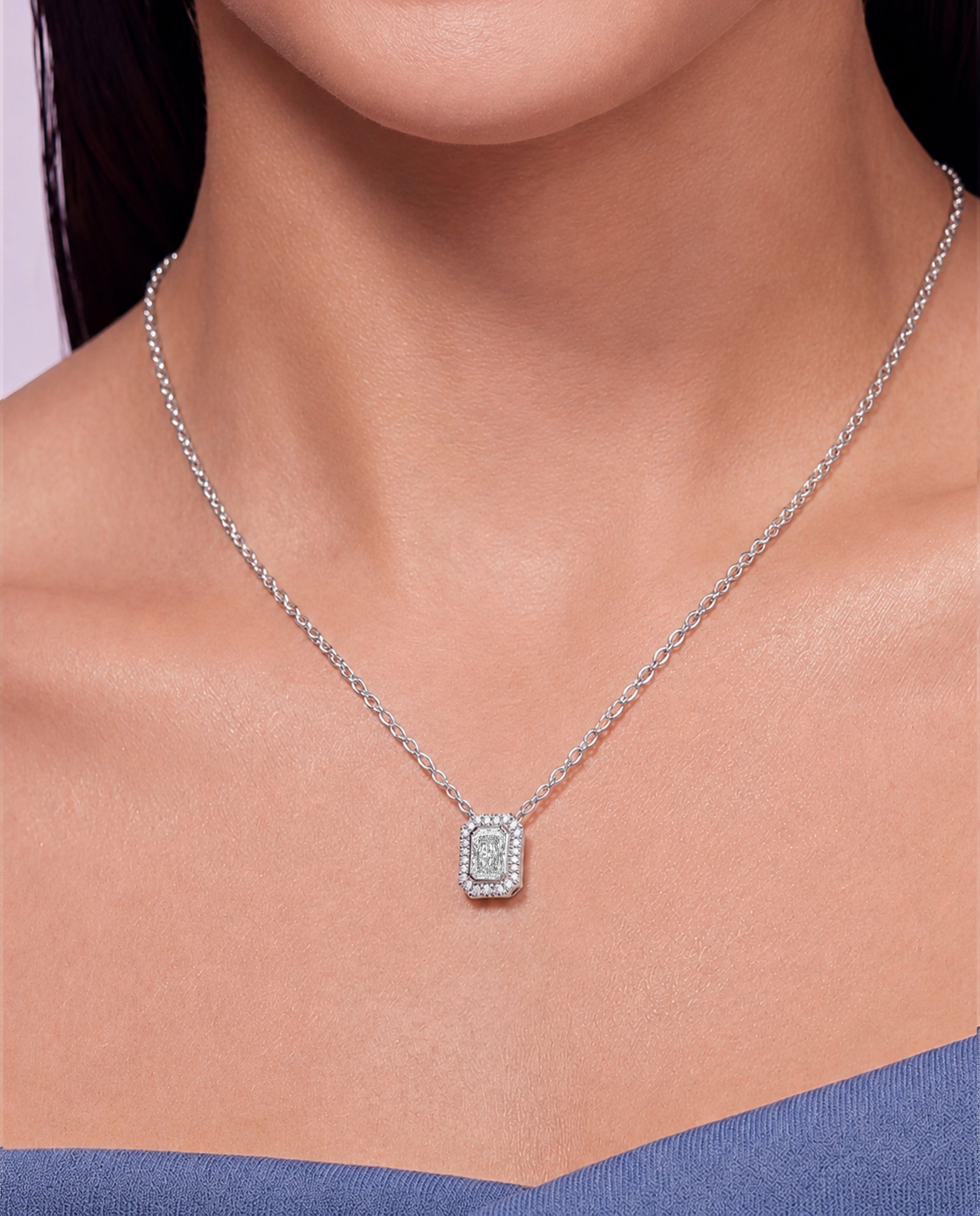 Radiant Cut Halo Pendant White Gold