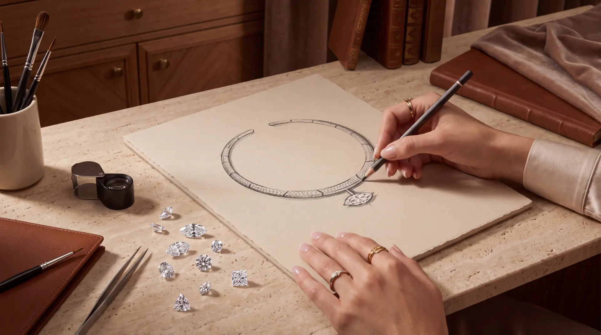 A diamond necklace resting on ivory silk in the Astrea London atelier